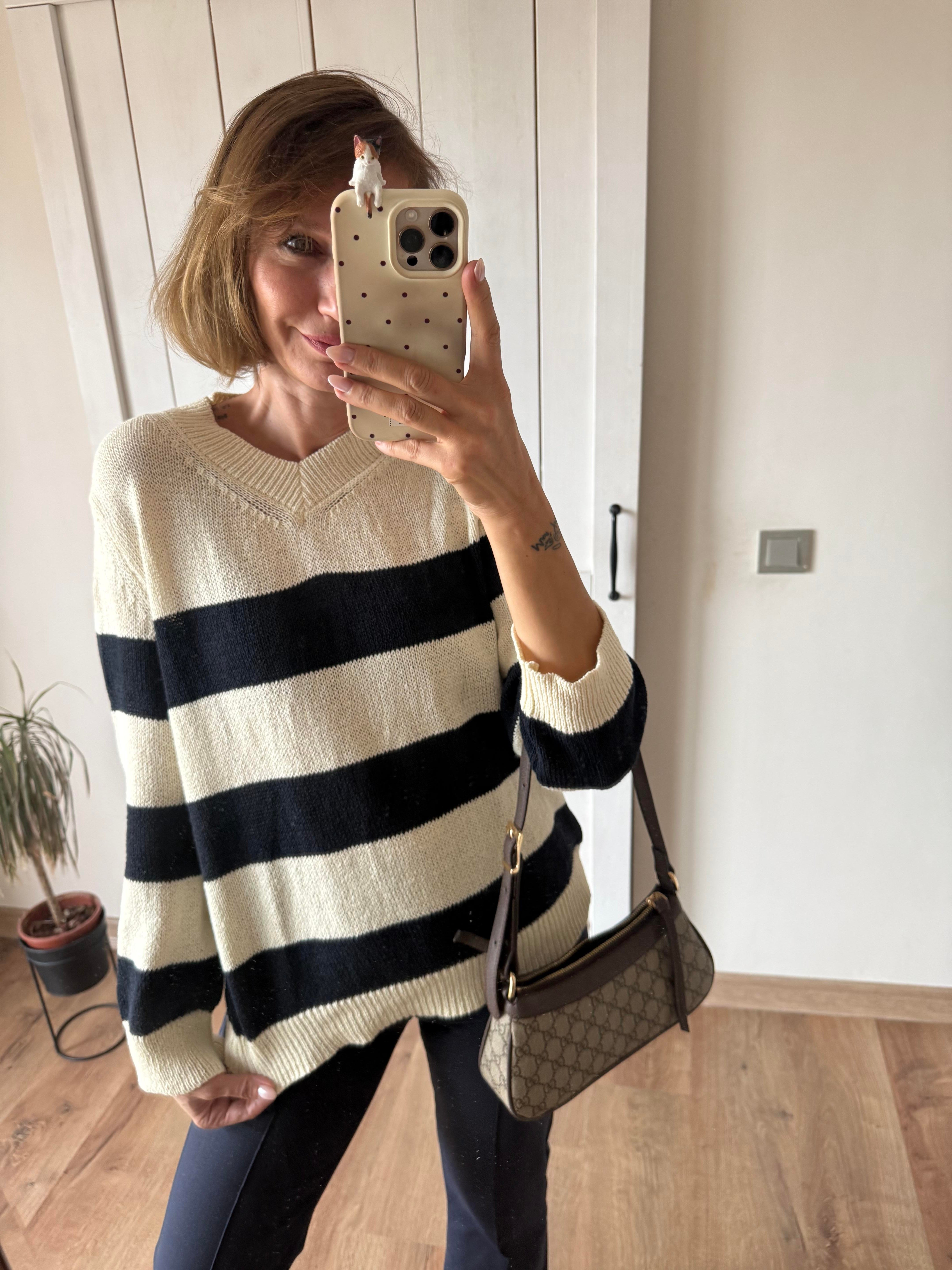 Lacivert Çizgili Merserize V Yaka Massi Triko