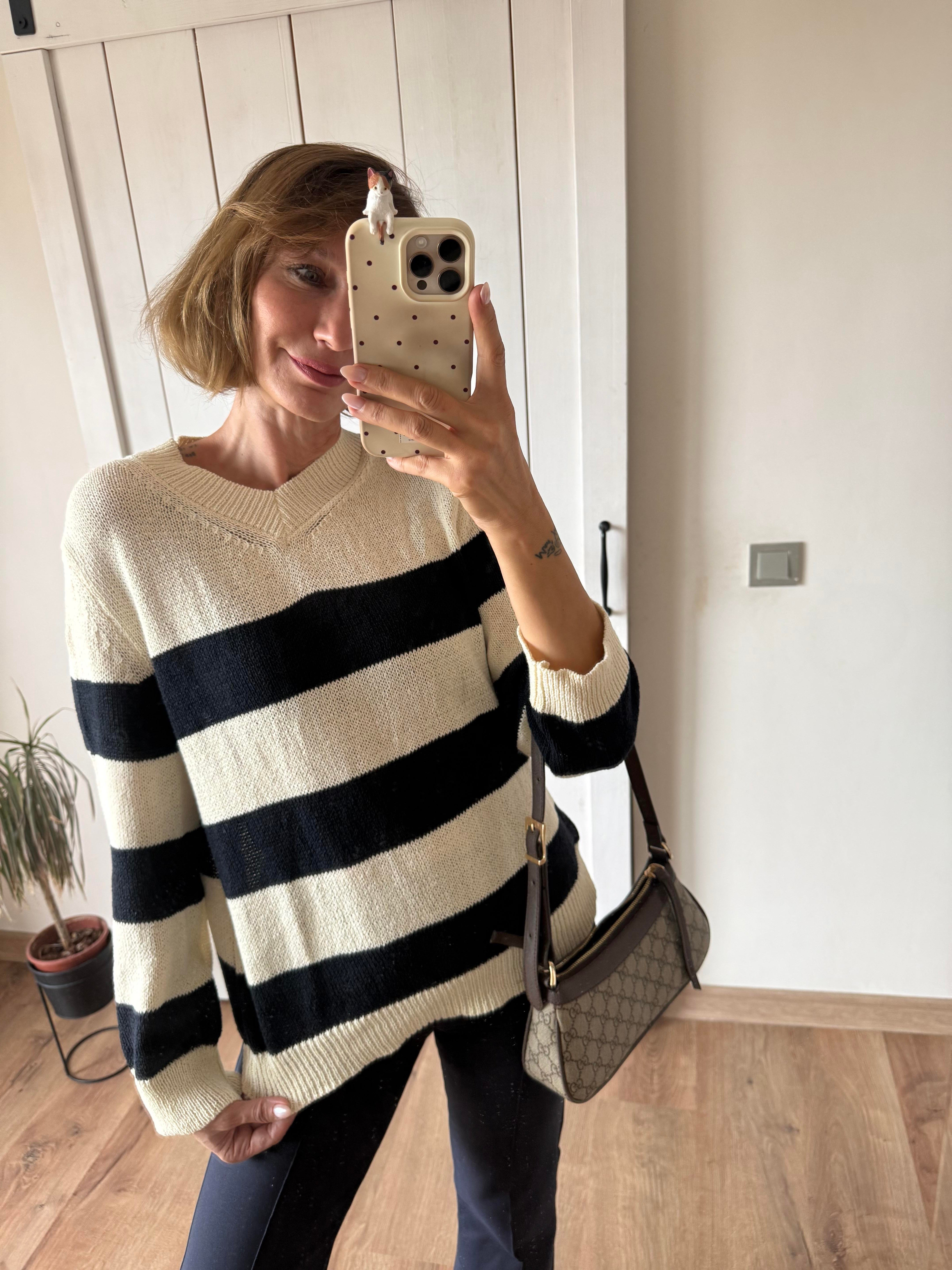 Lacivert Çizgili Merserize V Yaka Massi Triko