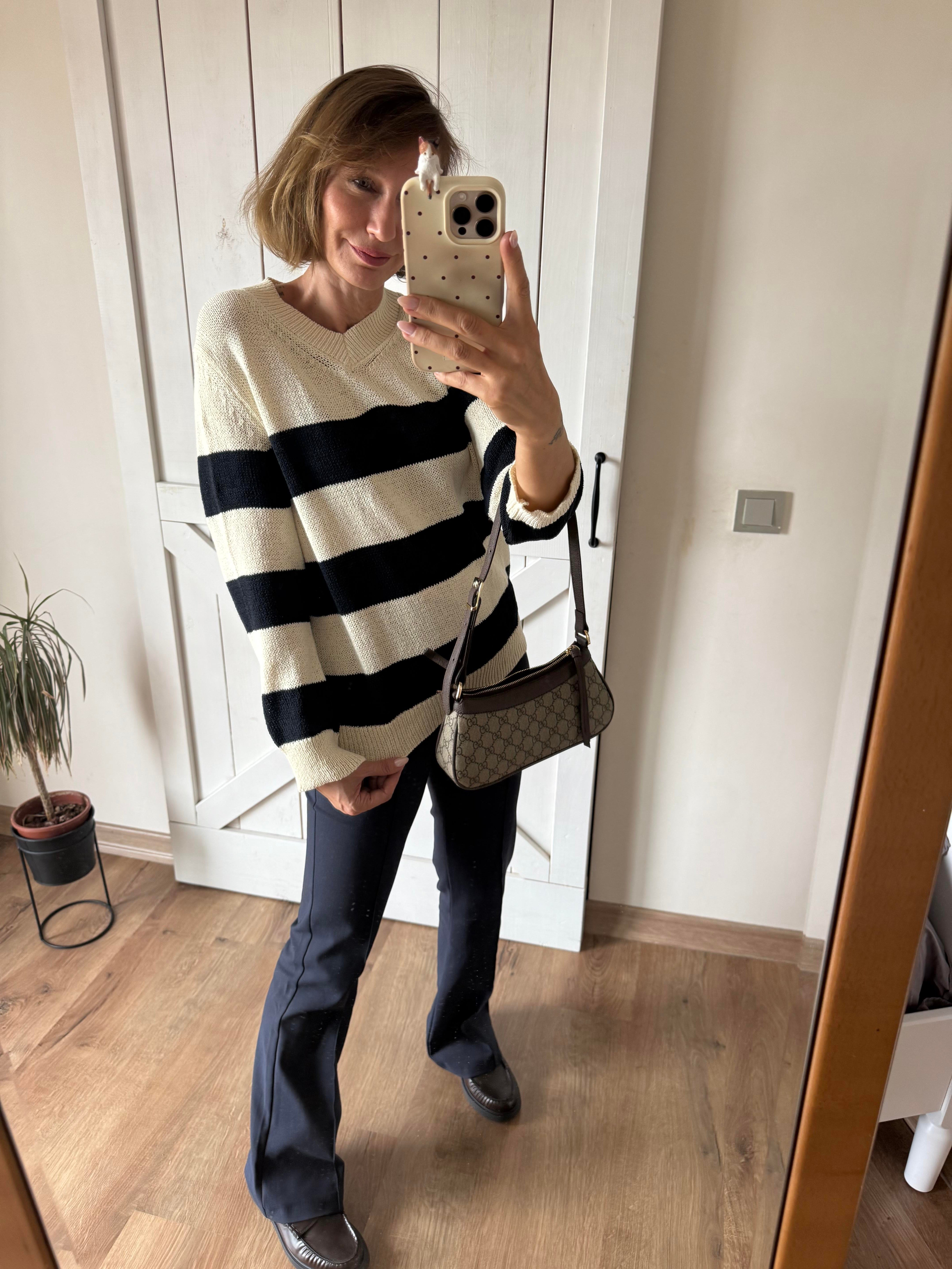 Lacivert Çizgili Merserize V Yaka Massi Triko