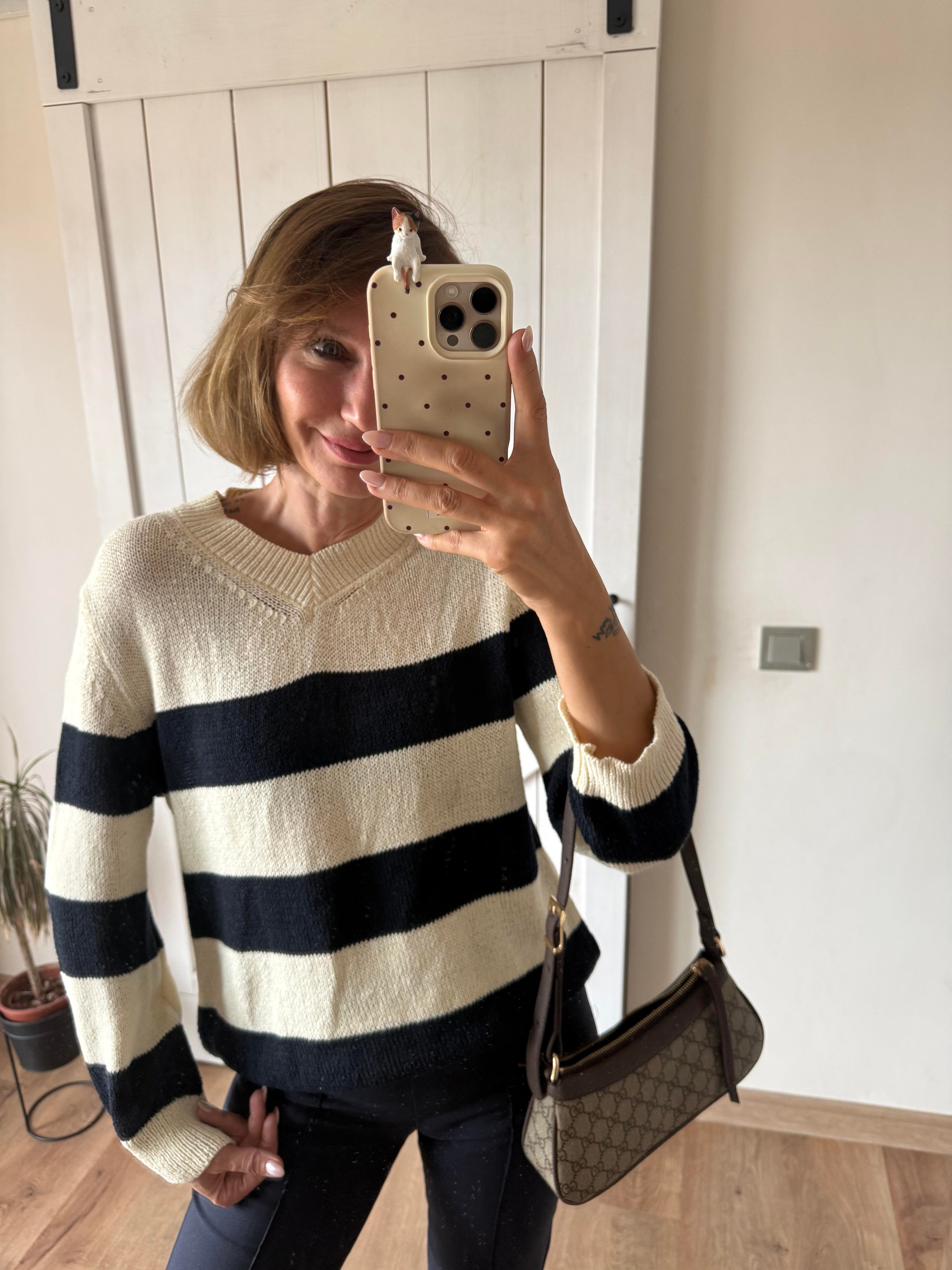 Lacivert Çizgili Merserize V Yaka Massi Triko