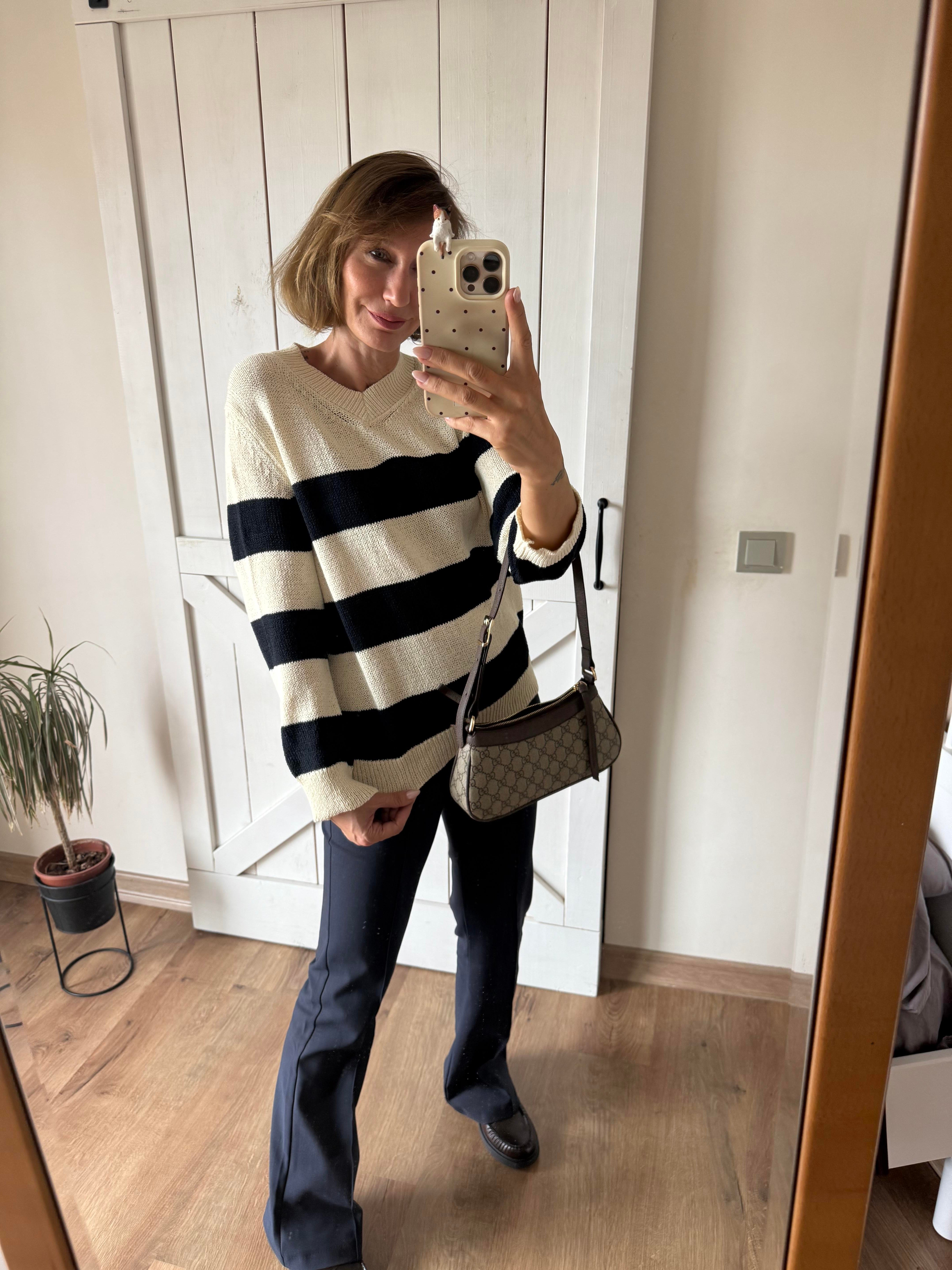 Lacivert Çizgili Merserize V Yaka Massi Triko