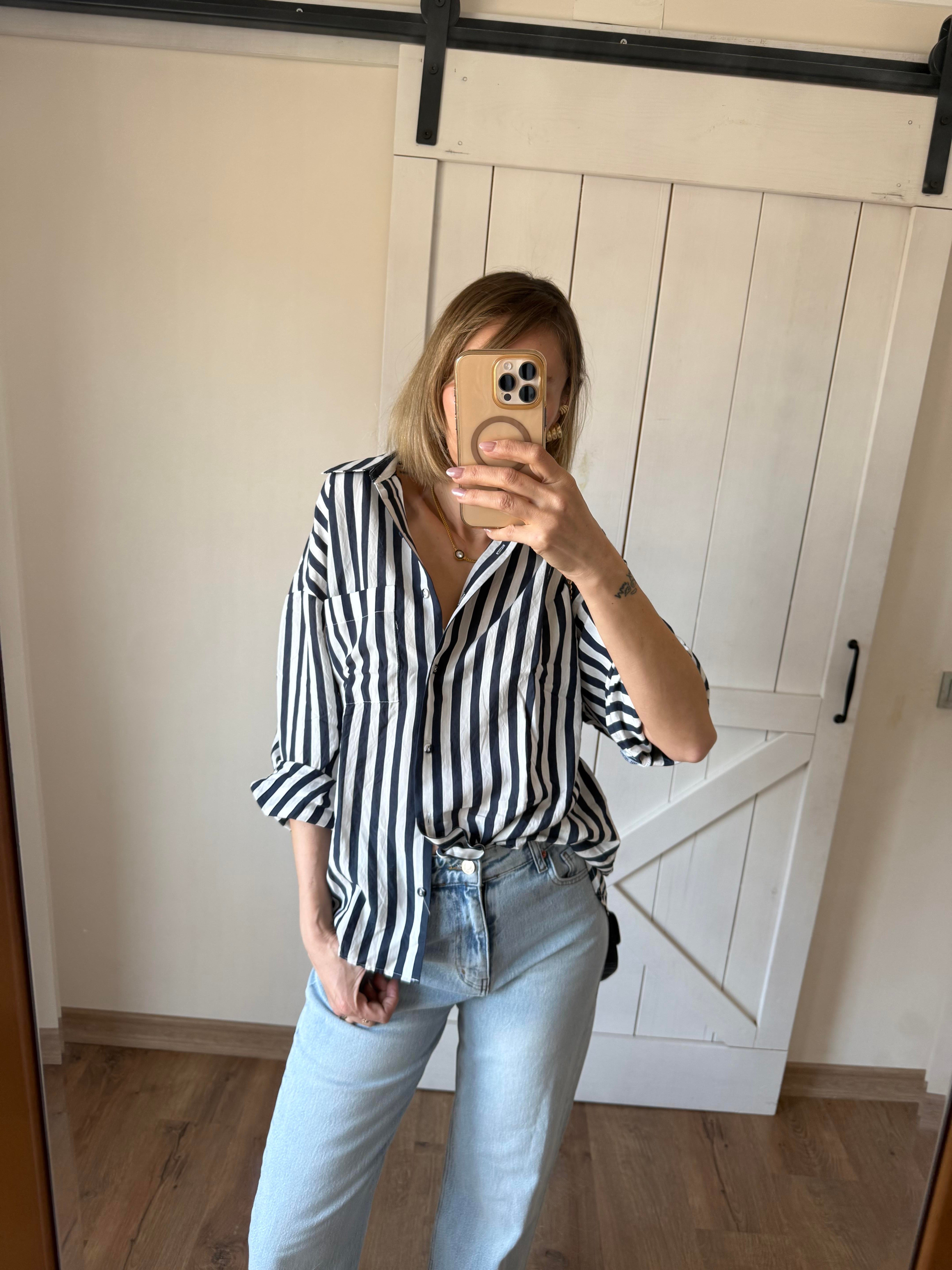 Lacivert Çizgili Tensel Oversize Gömlek