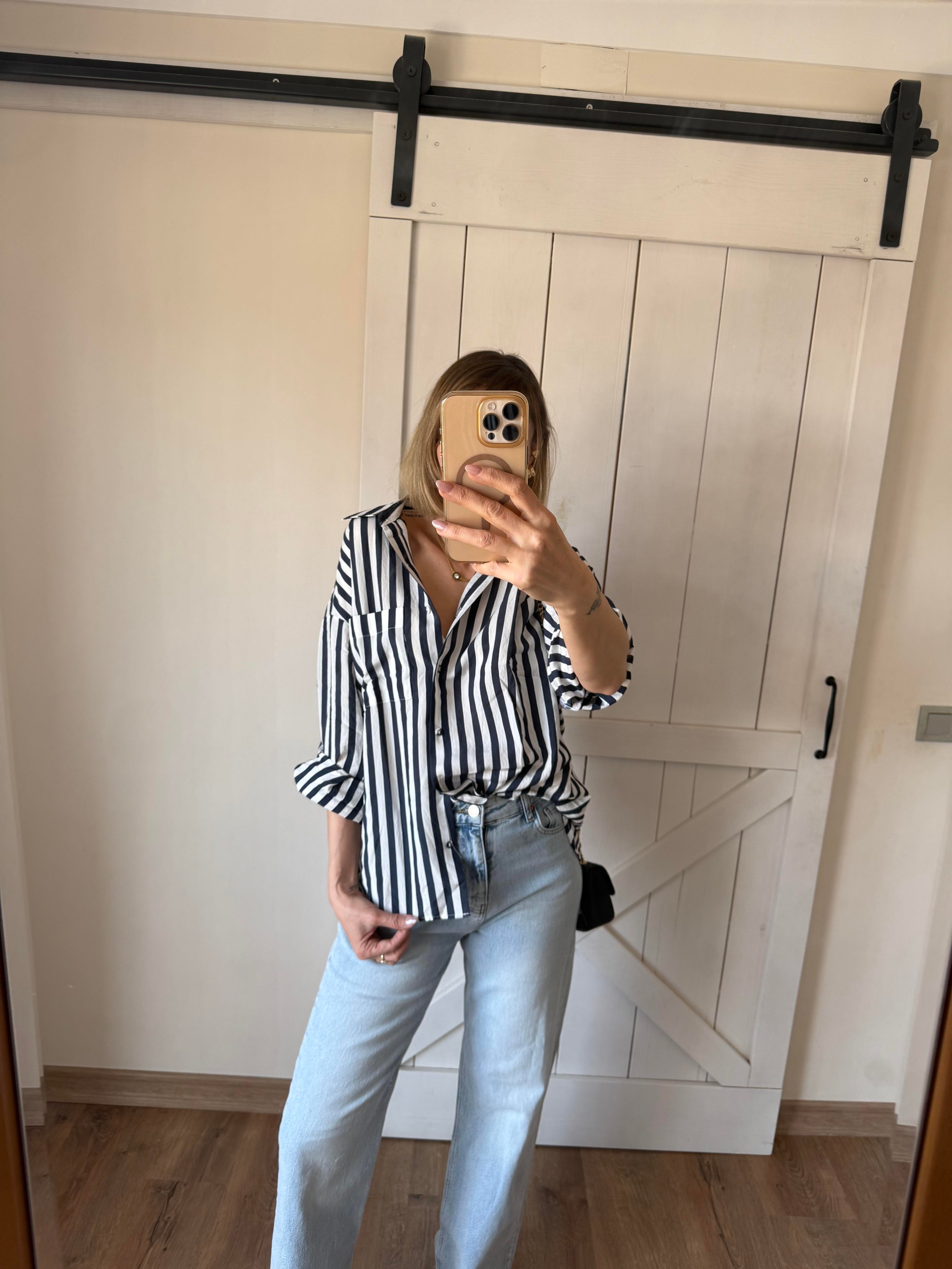 Lacivert Çizgili Tensel Oversize Gömlek