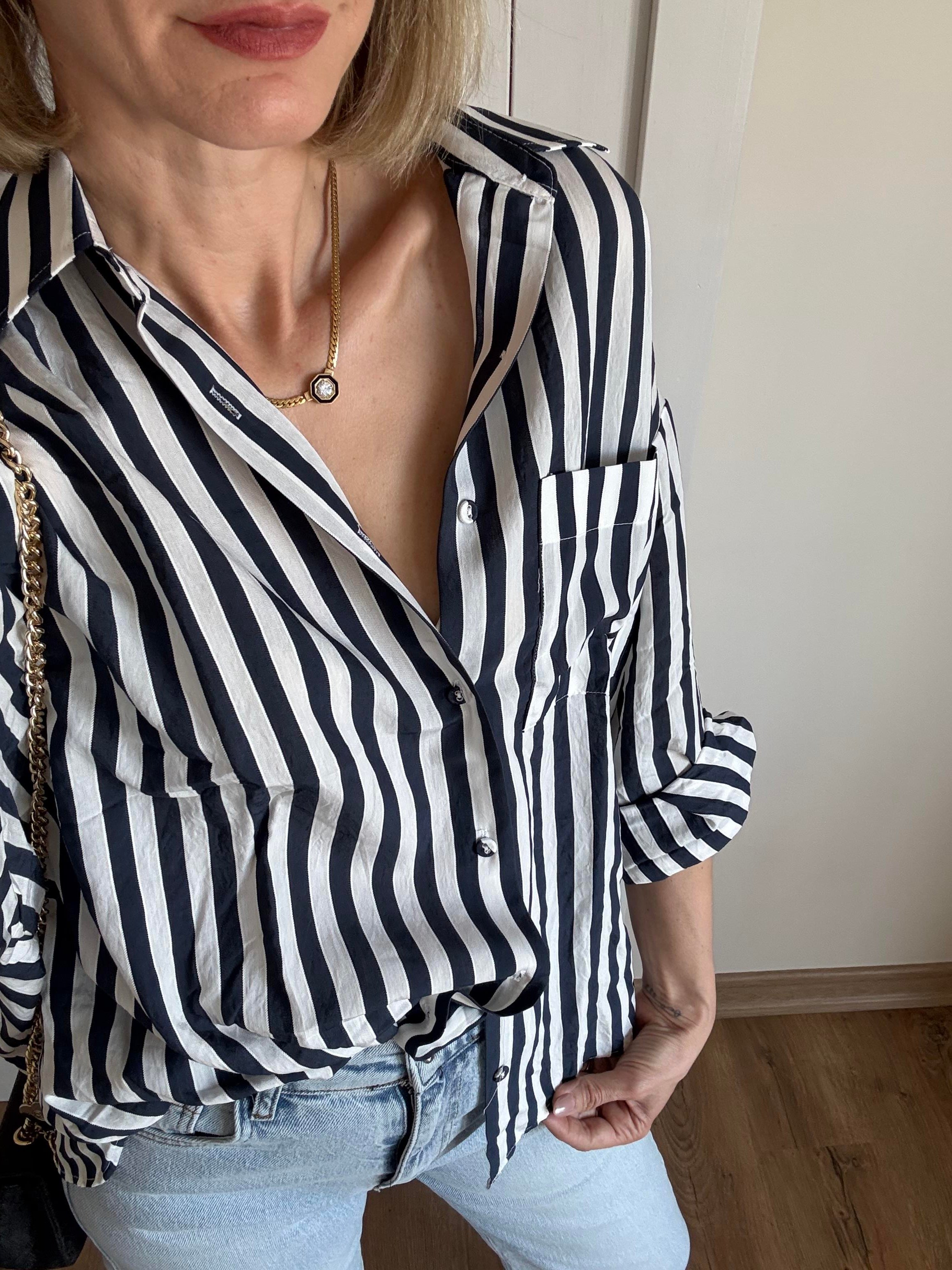 Lacivert Çizgili Tensel Oversize Gömlek