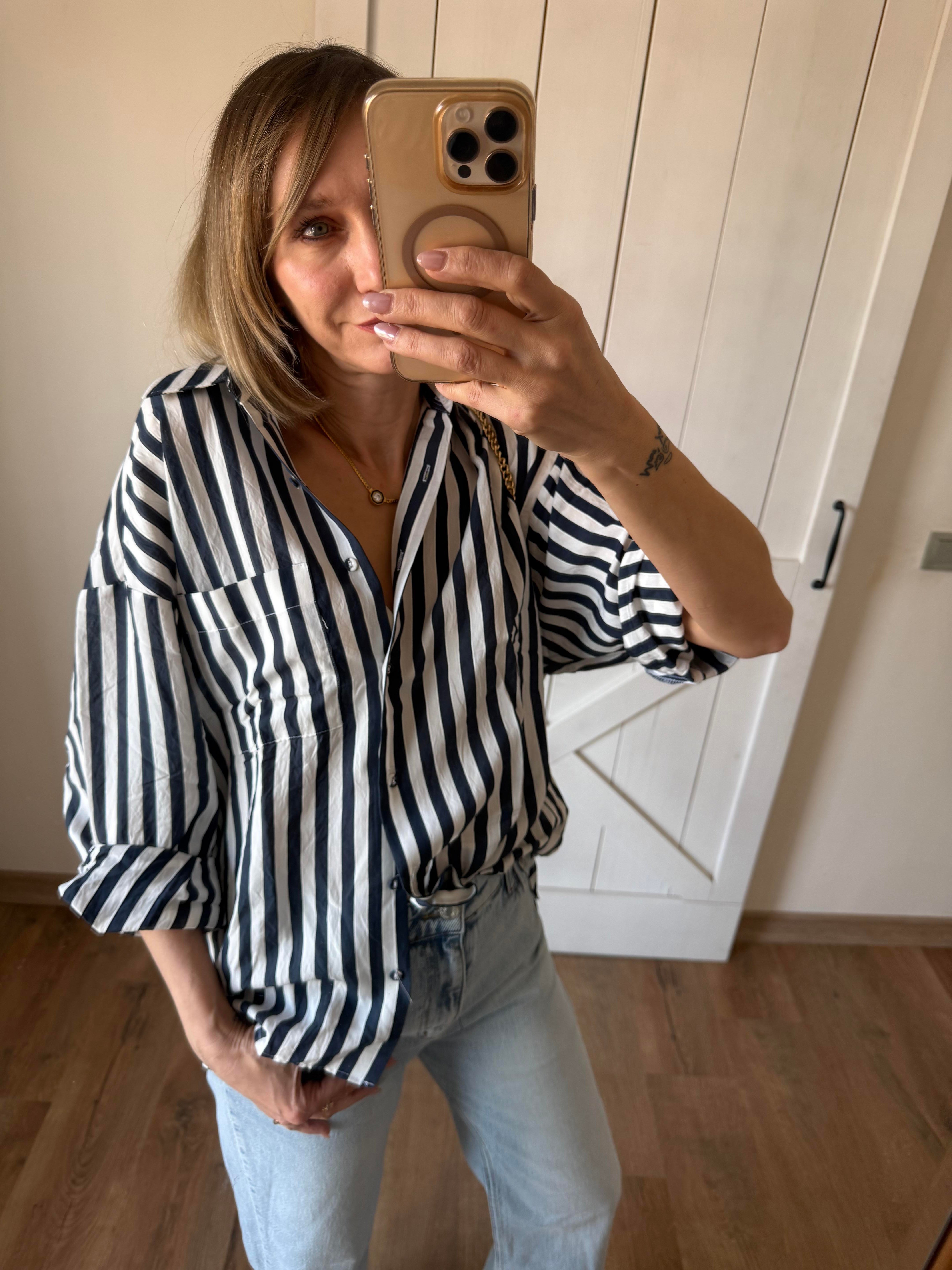 Lacivert Çizgili Tensel Oversize Gömlek