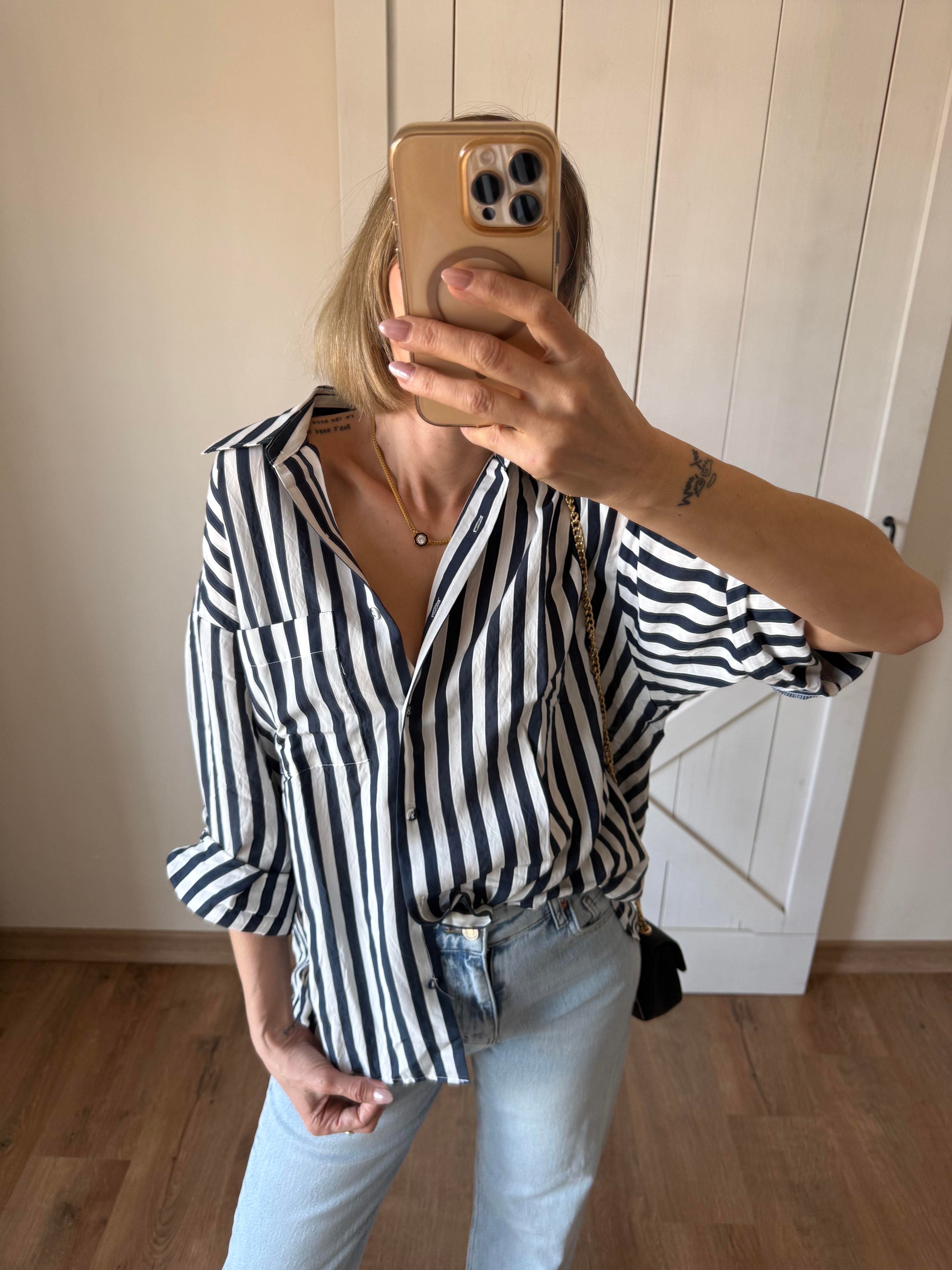 Lacivert Çizgili Tensel Oversize Gömlek