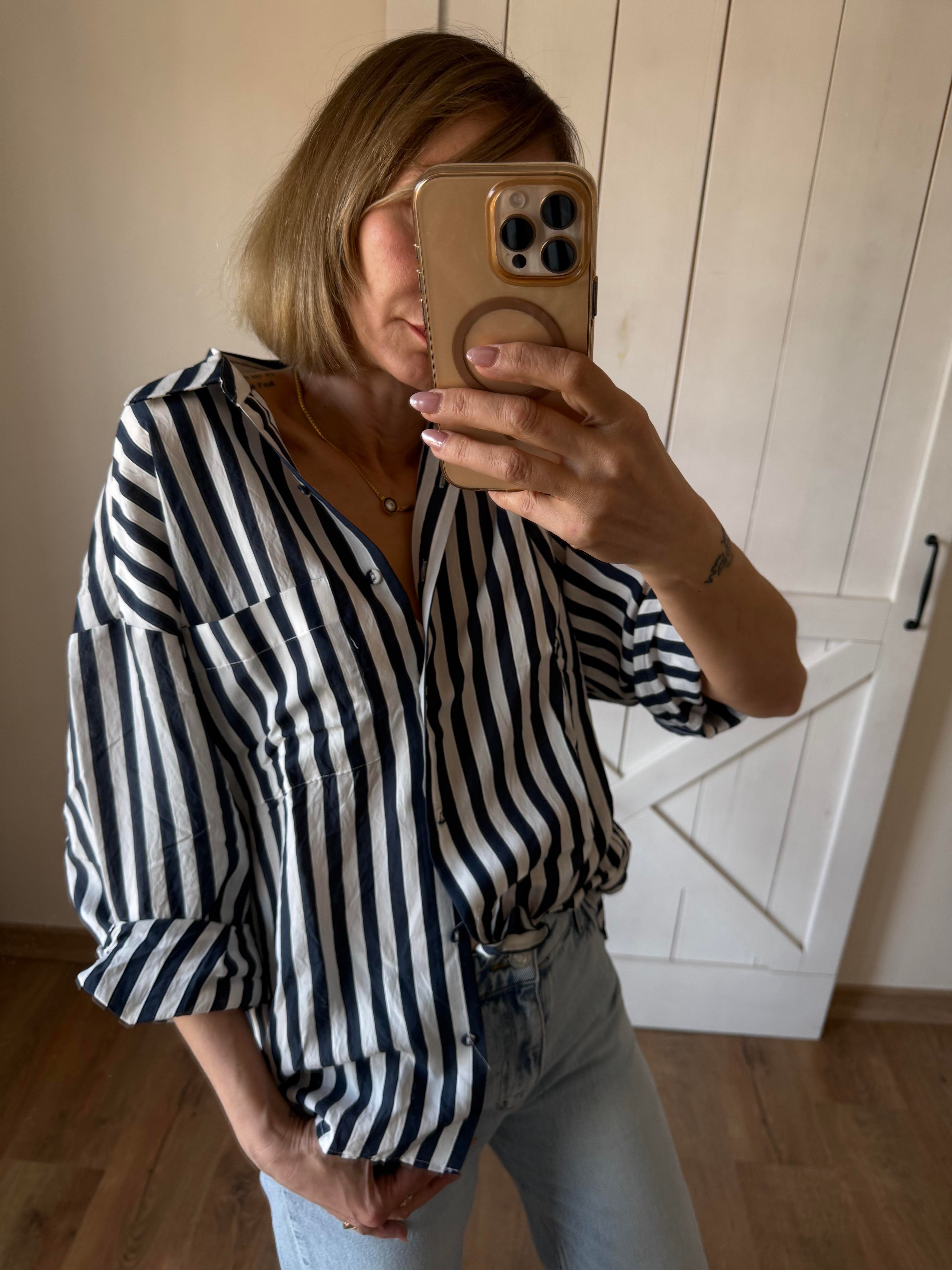 Lacivert Çizgili Tensel Oversize Gömlek