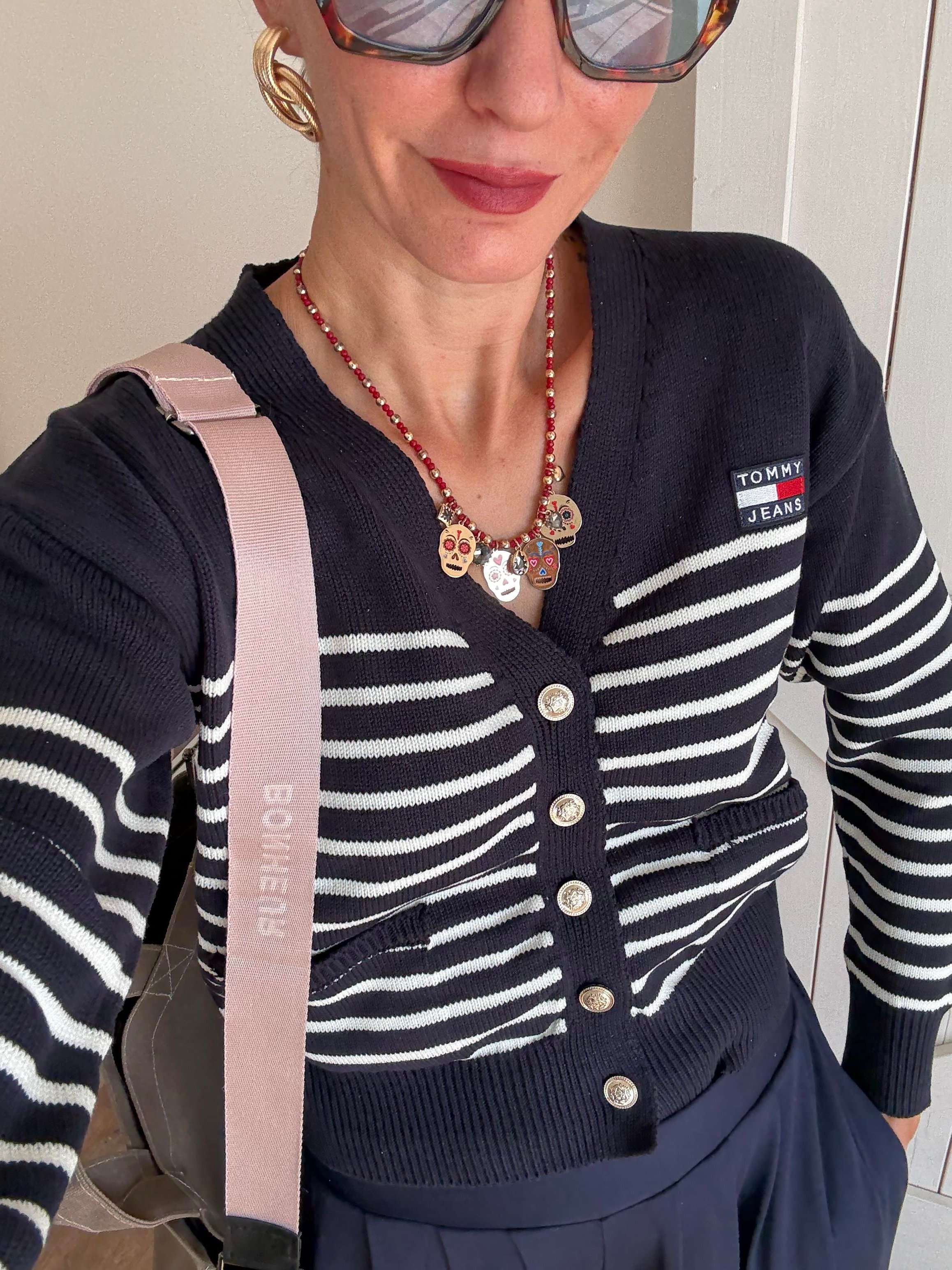 Lacivert Çizgili V Yaka Hırka