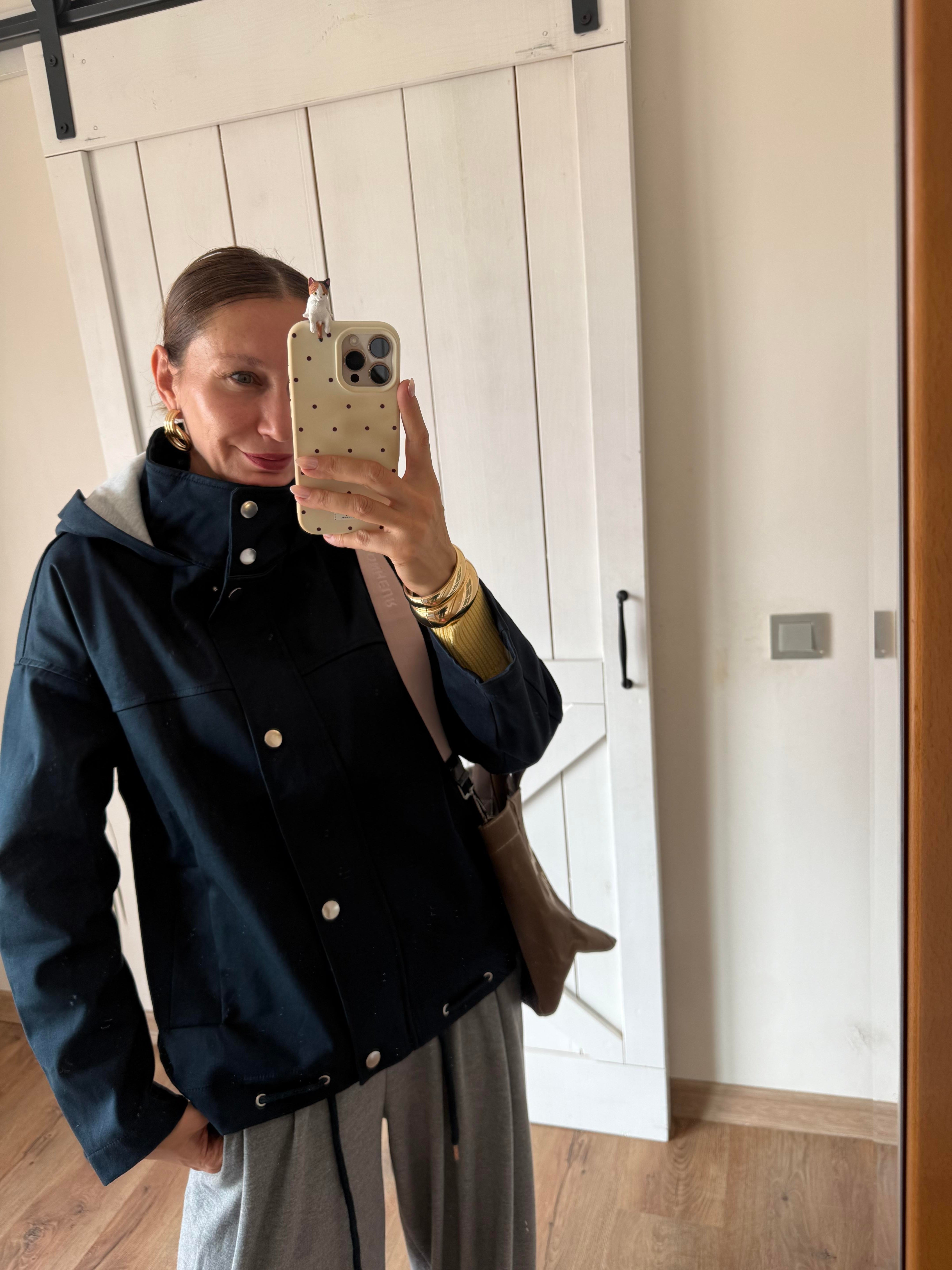 Lacivert Kapüşonlu Trenç/Ceket