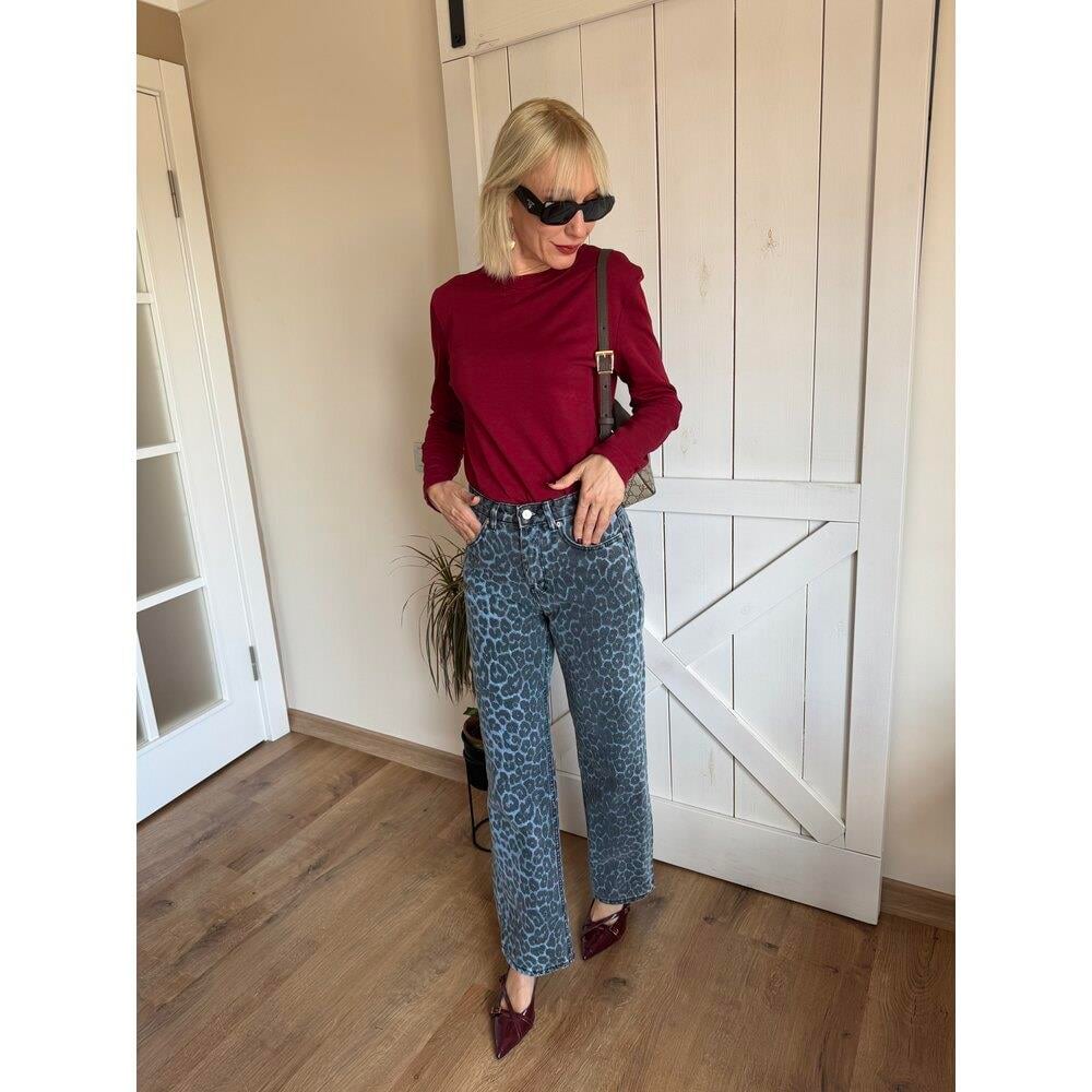 Lacivert Leopar Desenli Kadın Jean Pantolon