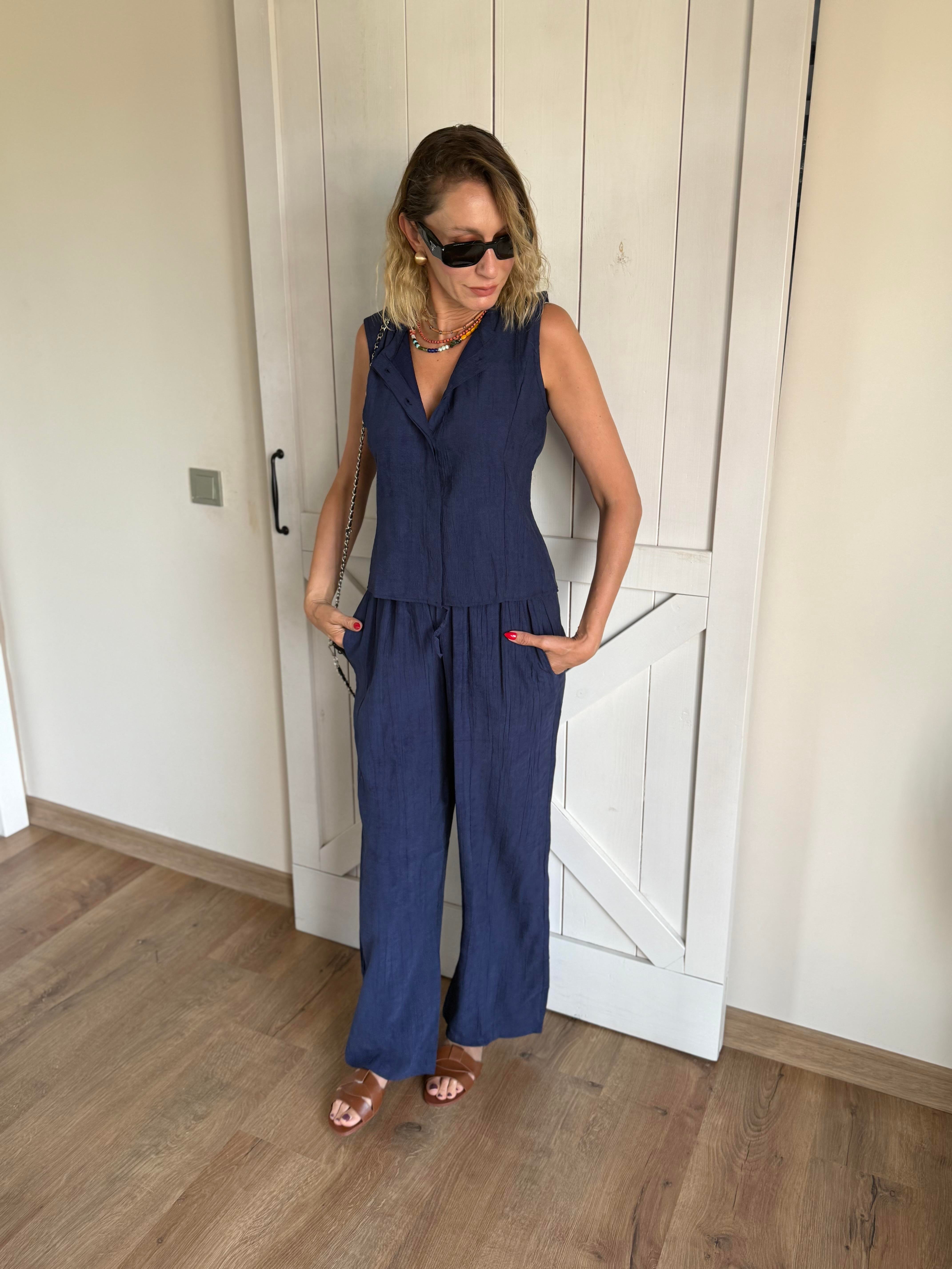 Lacivert Patlı Yelek Pantolon Takım