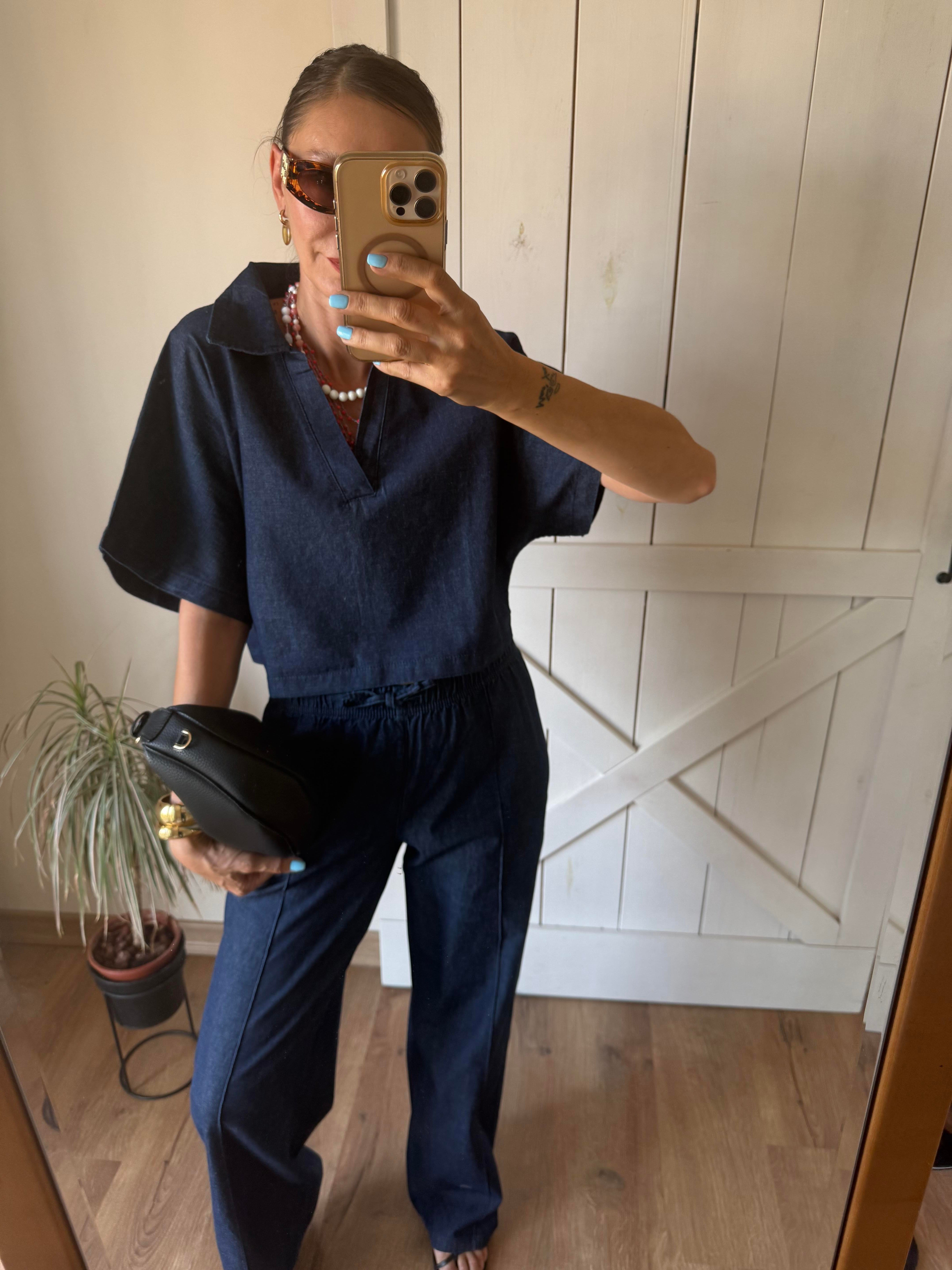 Lacivert Polo Yaka Bluz Pantolon Denim Takım