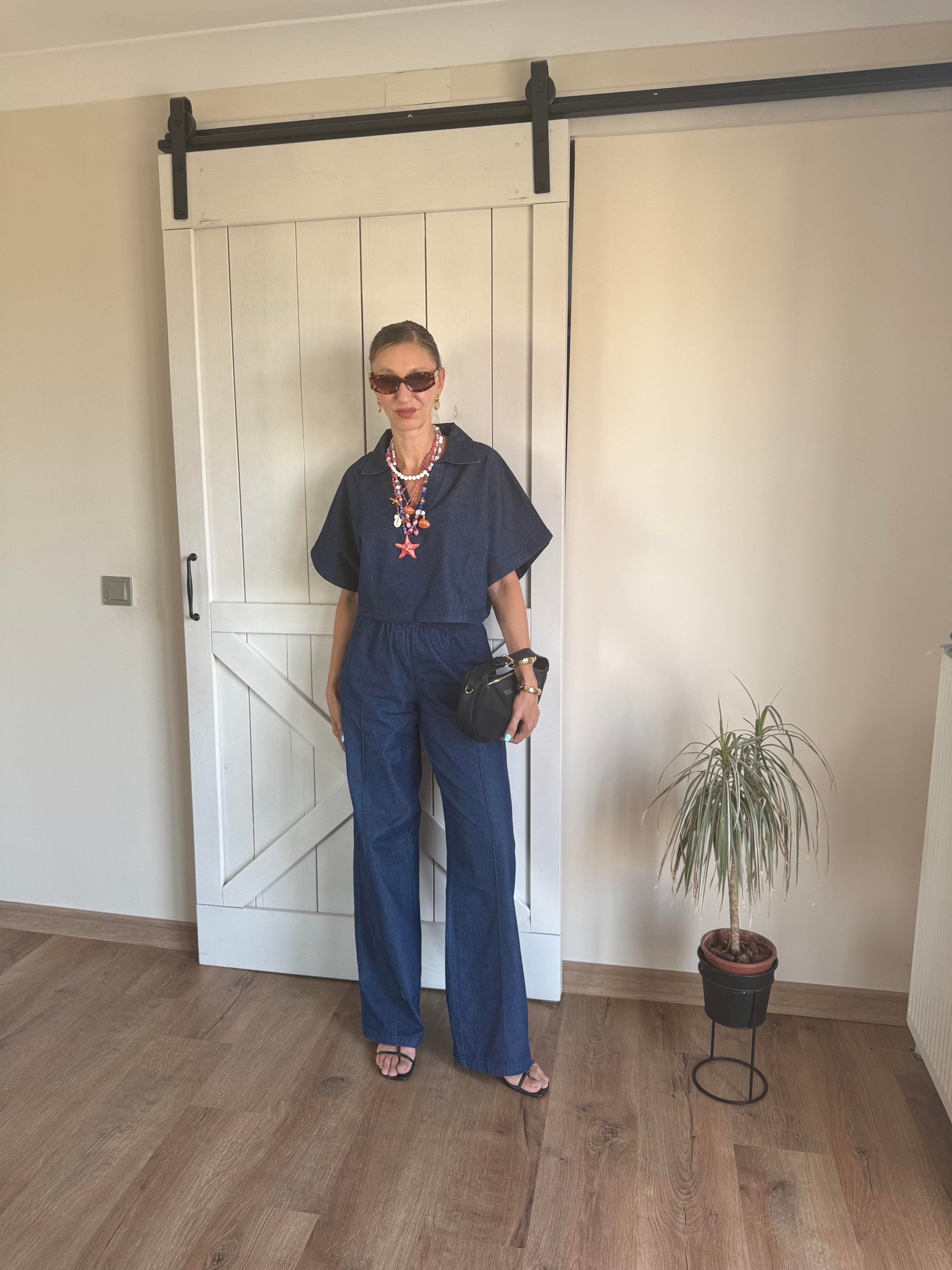 Lacivert Polo Yaka Bluz Pantolon Denim Takım