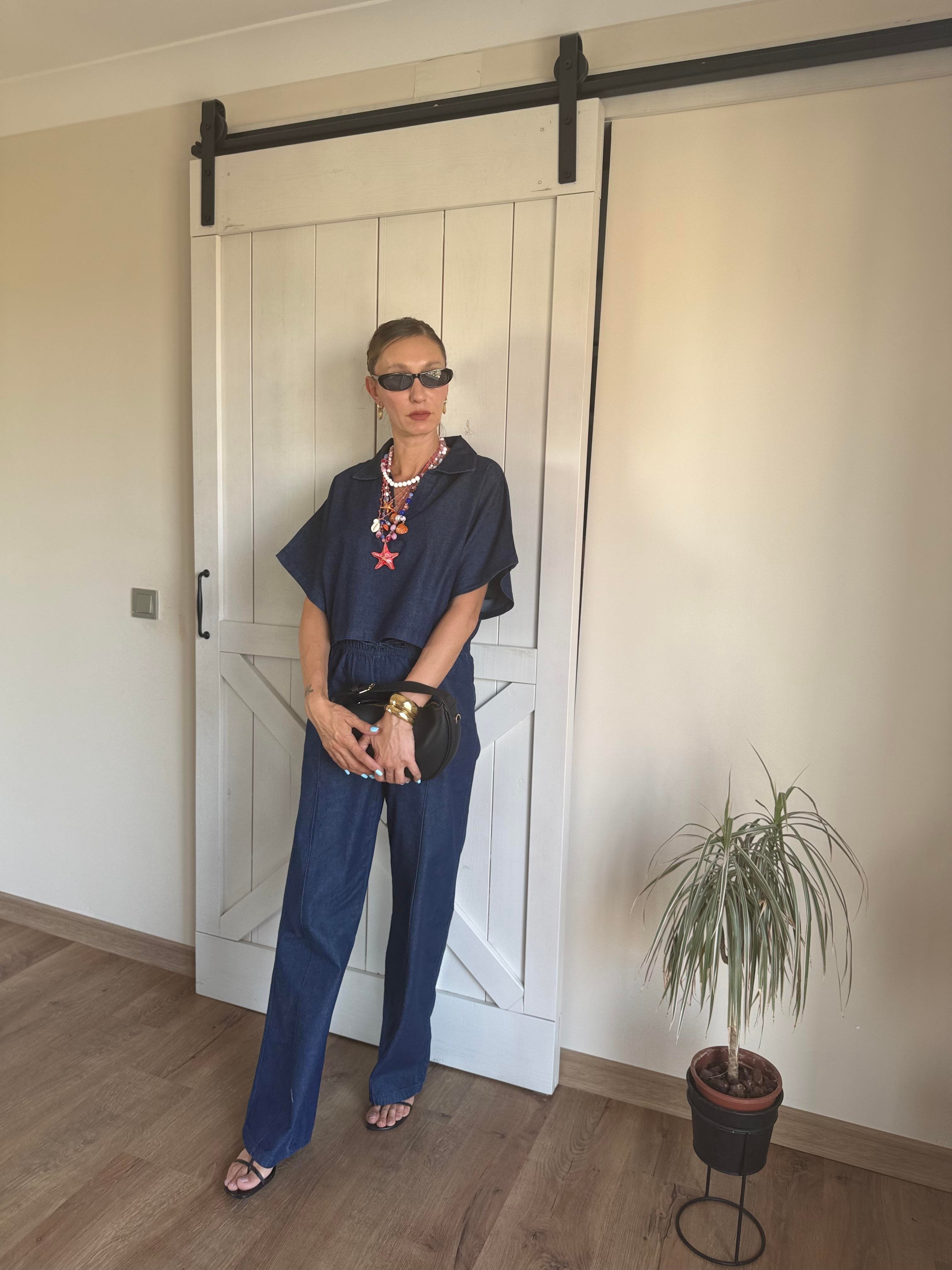 Lacivert Polo Yaka Bluz Pantolon Denim Takım