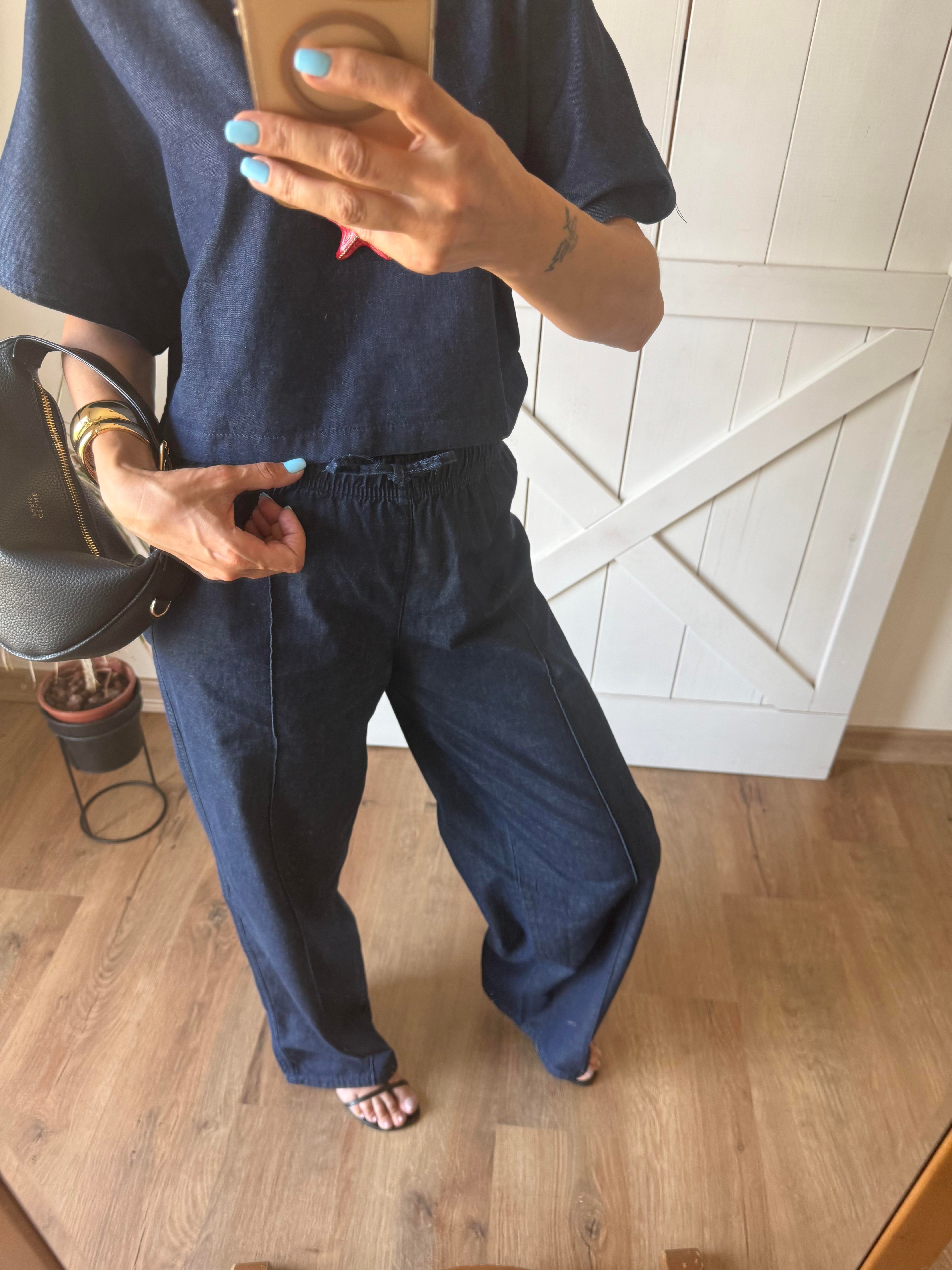 Lacivert Polo Yaka Bluz Pantolon Denim Takım