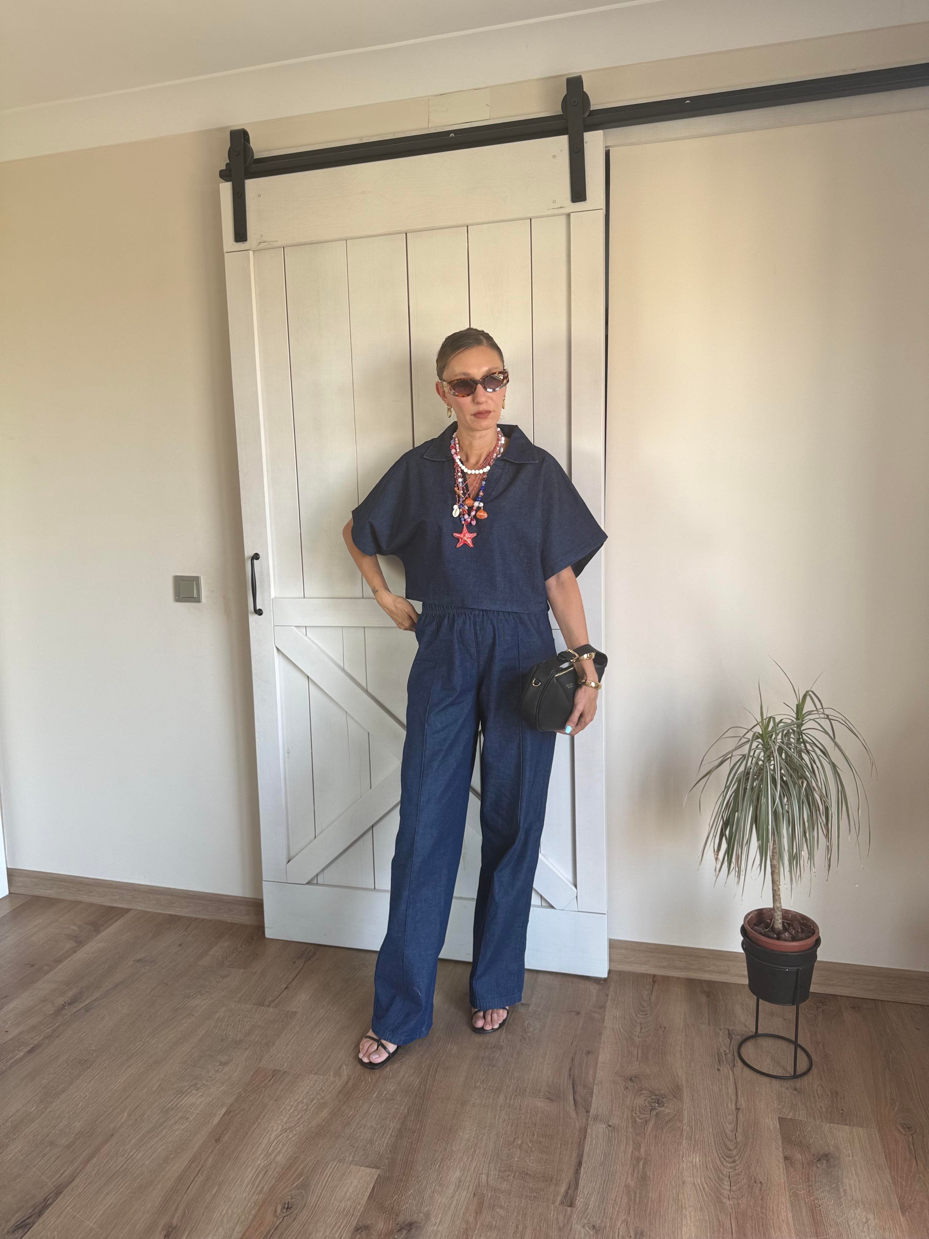 Lacivert Polo Yaka Bluz Pantolon Denim Takım