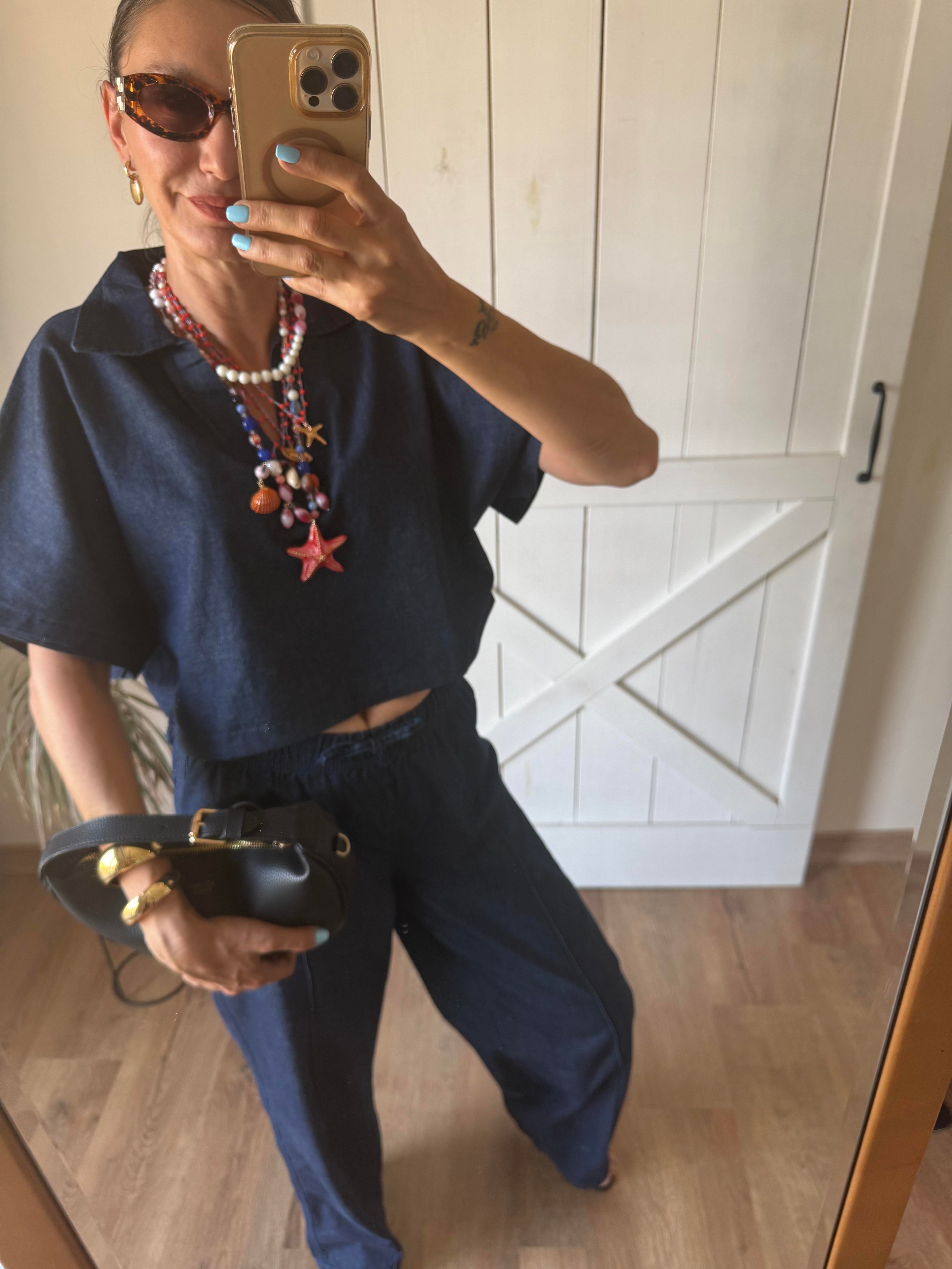 Lacivert Polo Yaka Bluz Pantolon Denim Takım