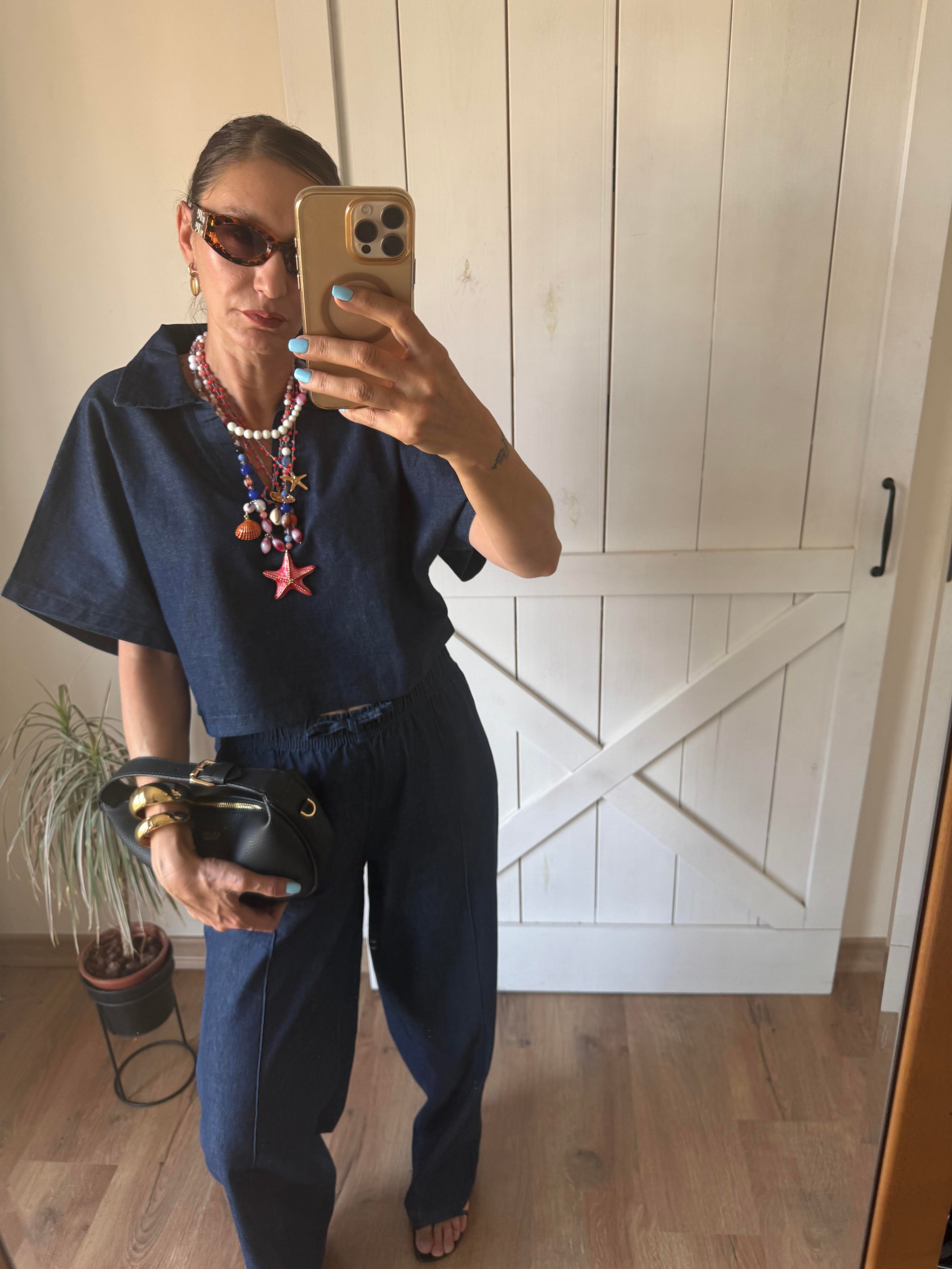 Lacivert Polo Yaka Bluz Pantolon Denim Takım