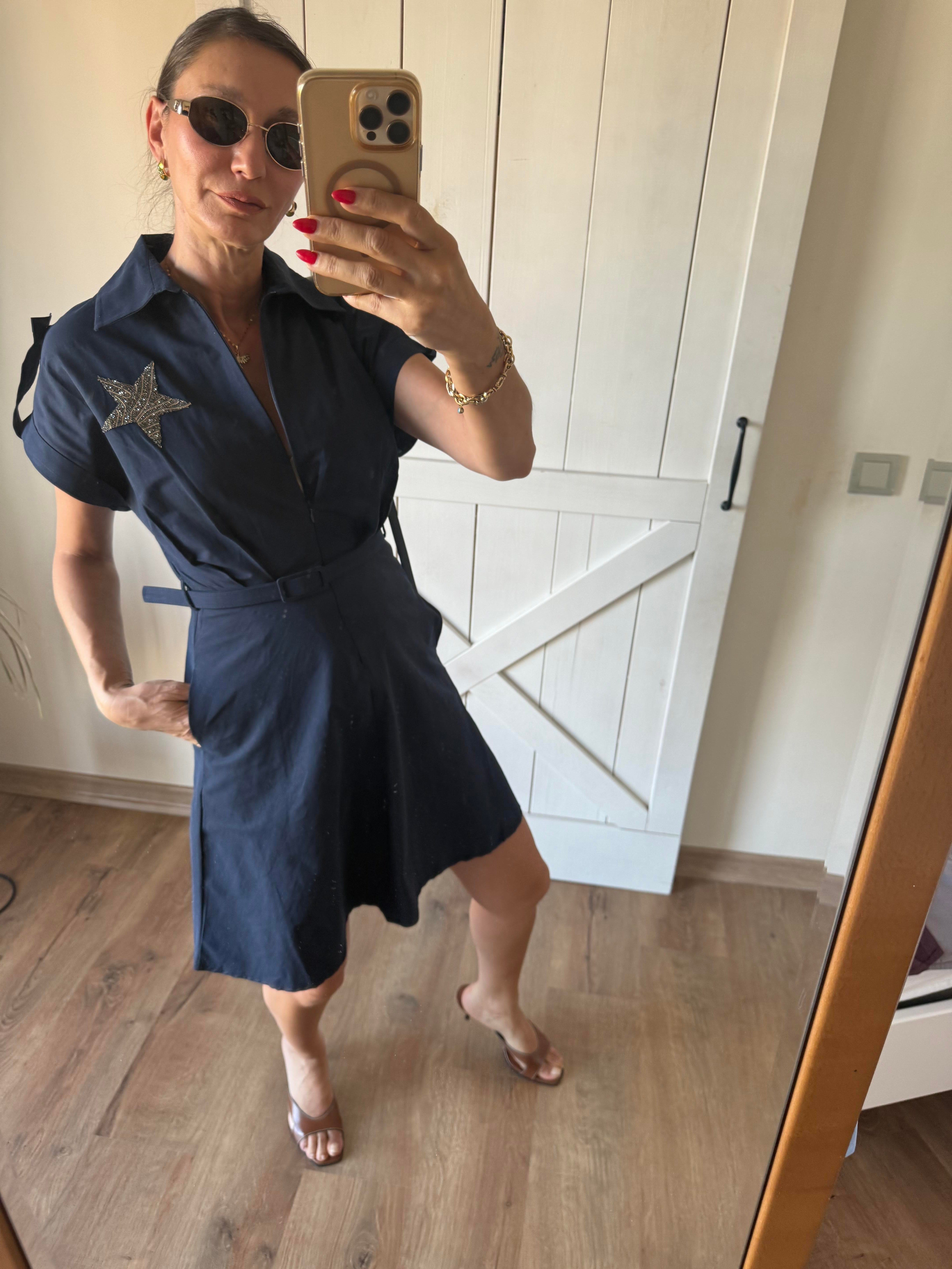 Lacivert Star Kemerli Elbise