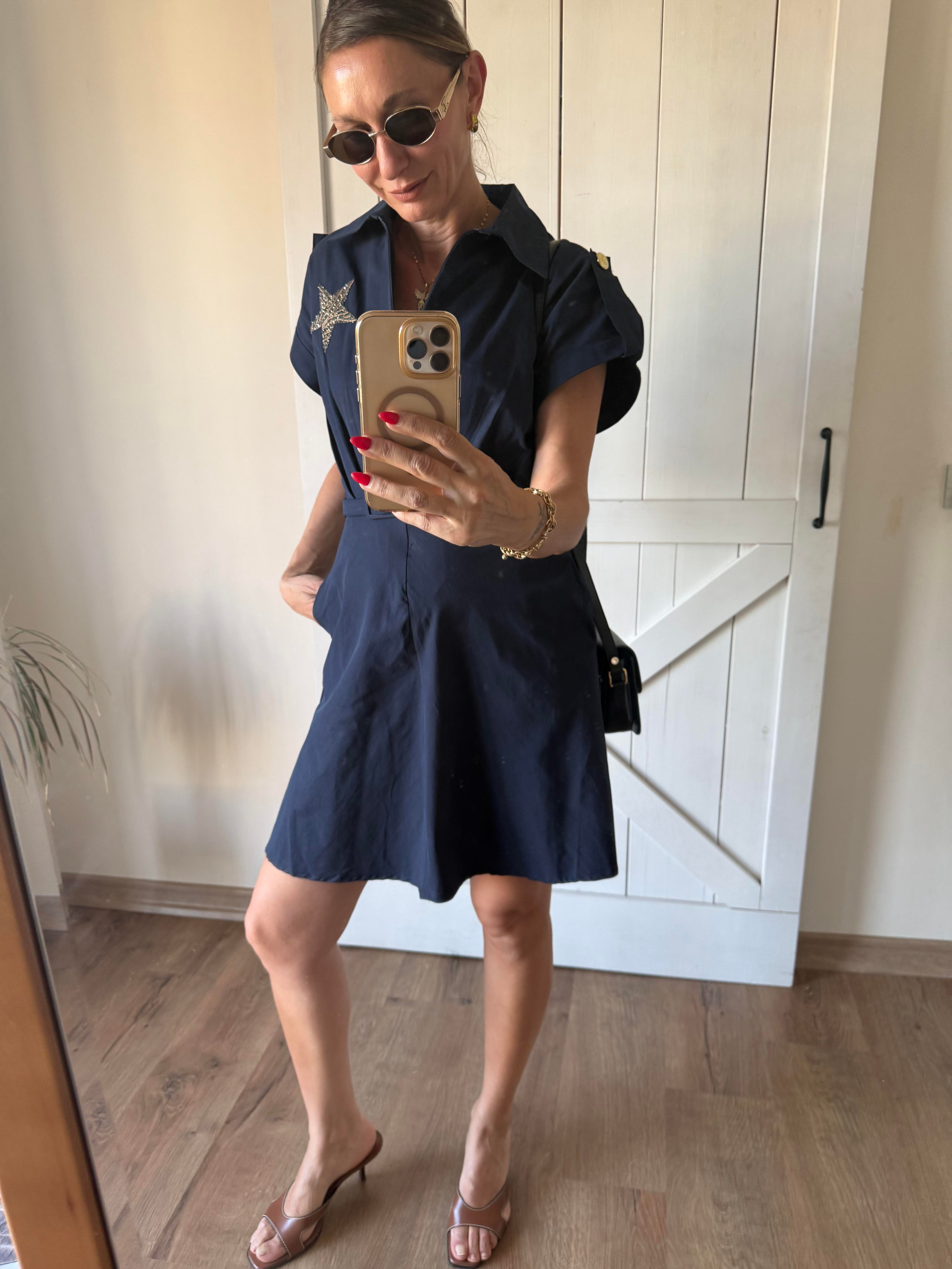 Lacivert Star Kemerli Elbise