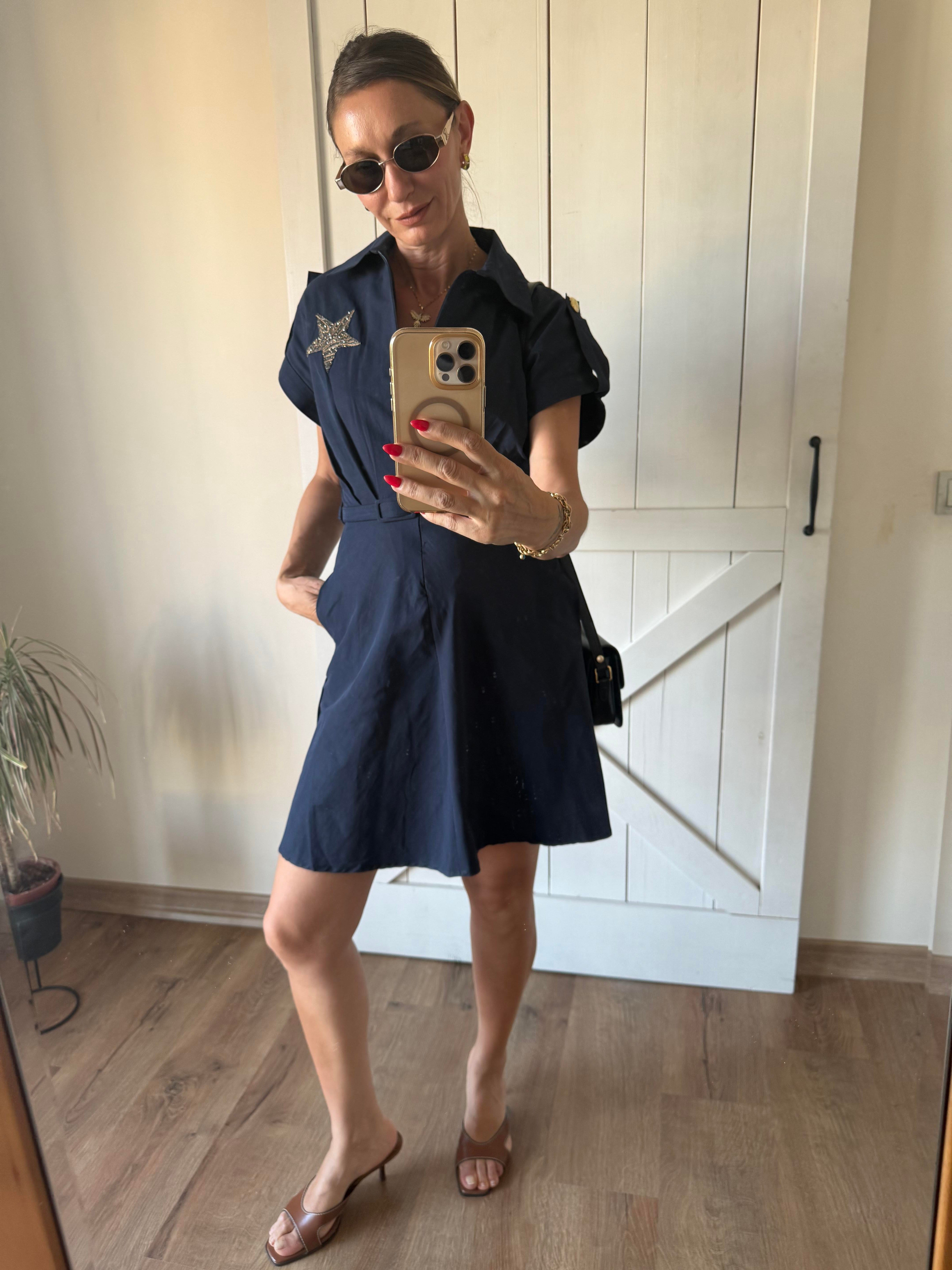 Lacivert Star Kemerli Elbise