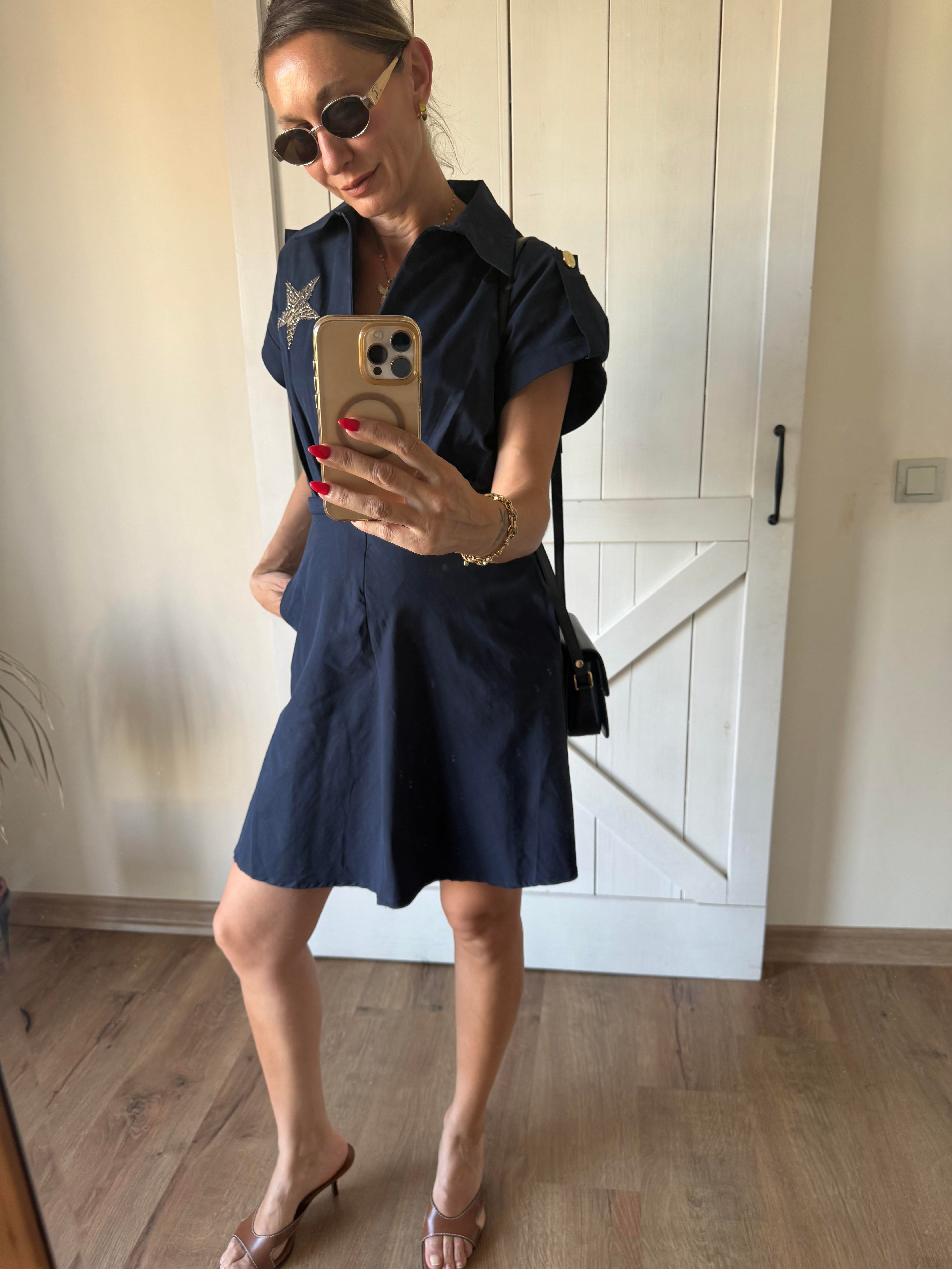 Lacivert Star Kemerli Elbise