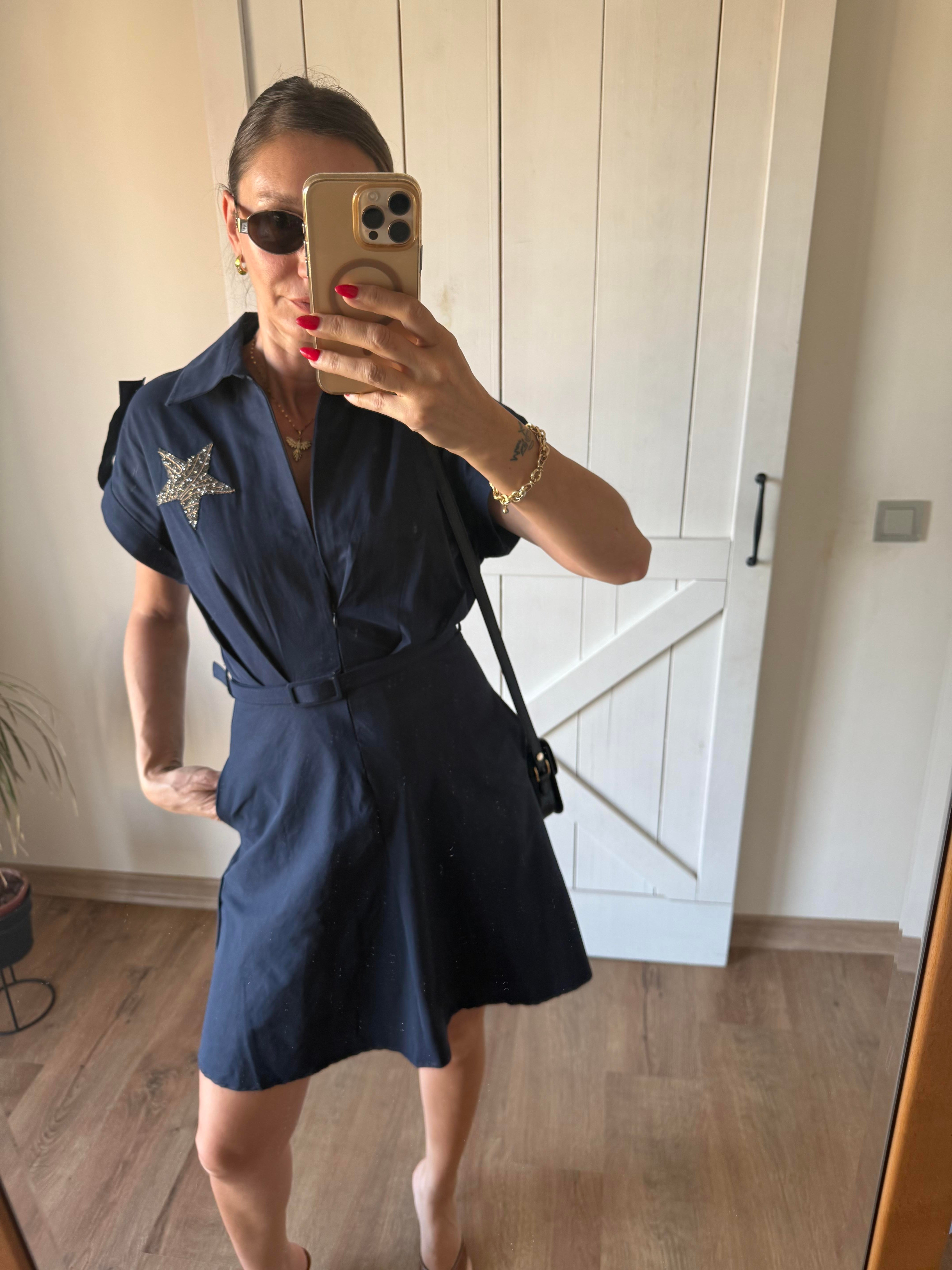 Lacivert Star Kemerli Elbise