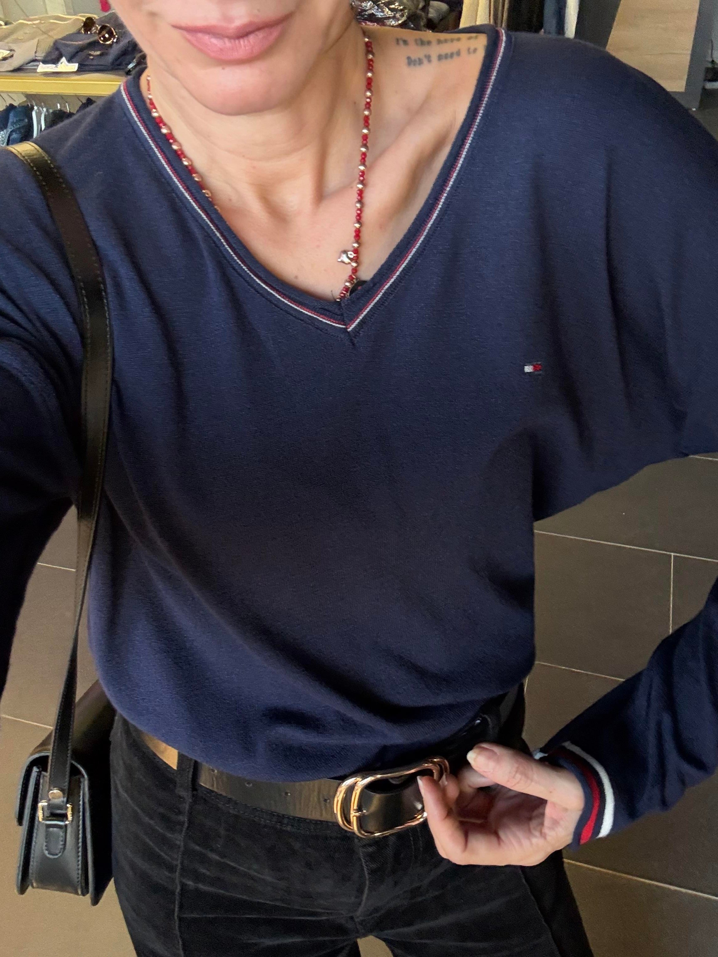 Lacivert V Yaka Şeritli Th Triko