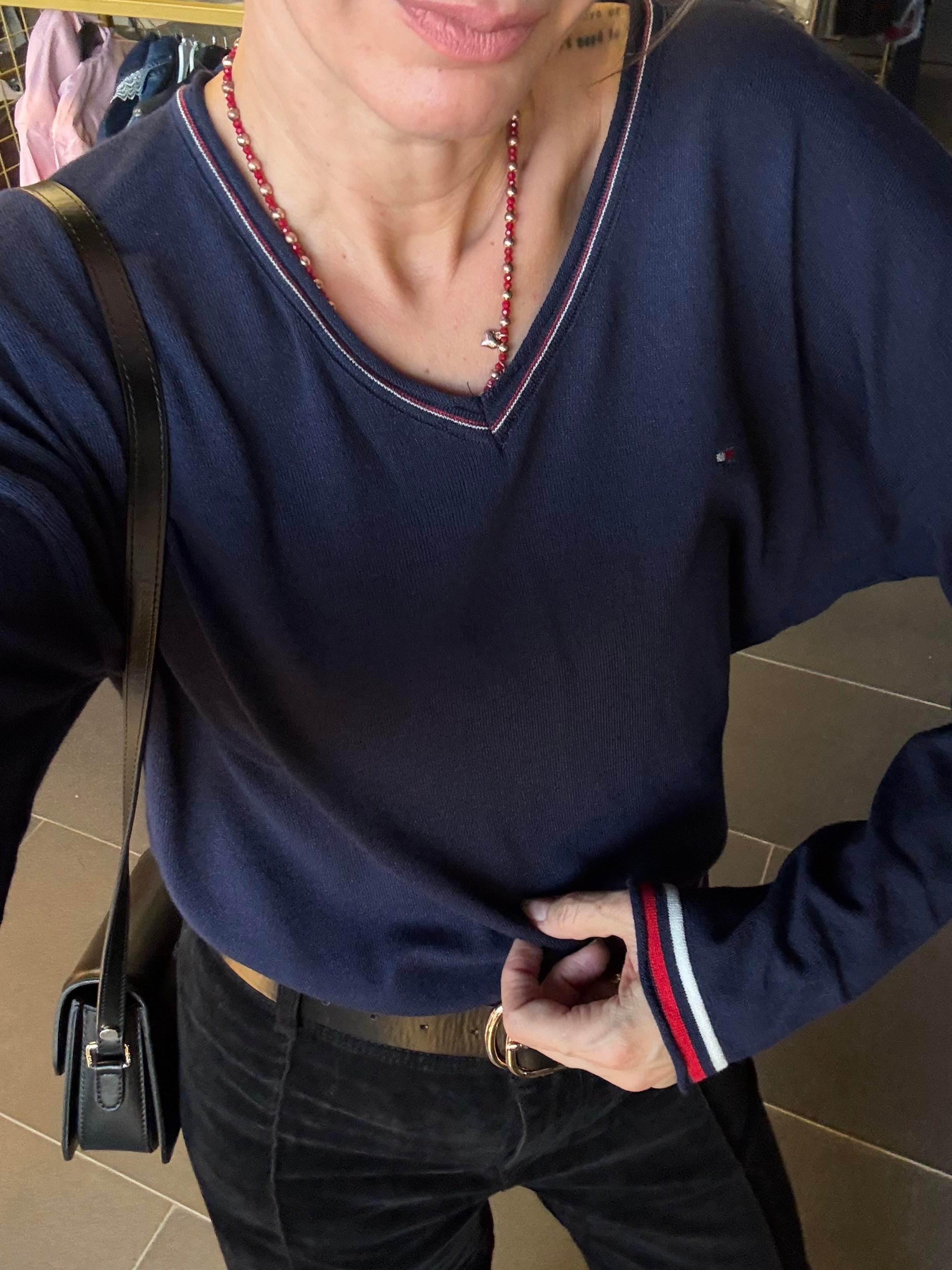 Lacivert V Yaka Şeritli Th Triko