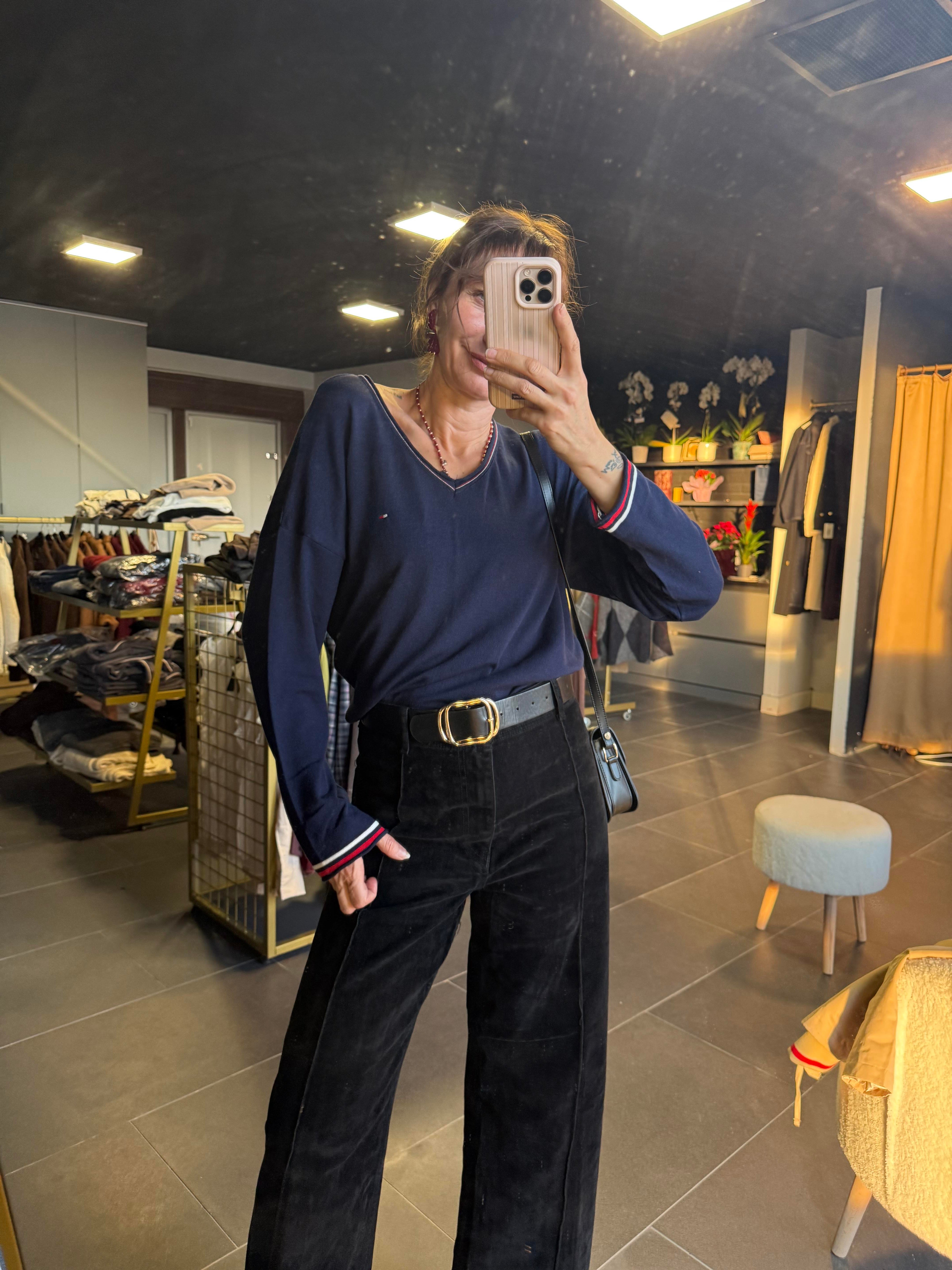 Lacivert V Yaka Şeritli Th Triko