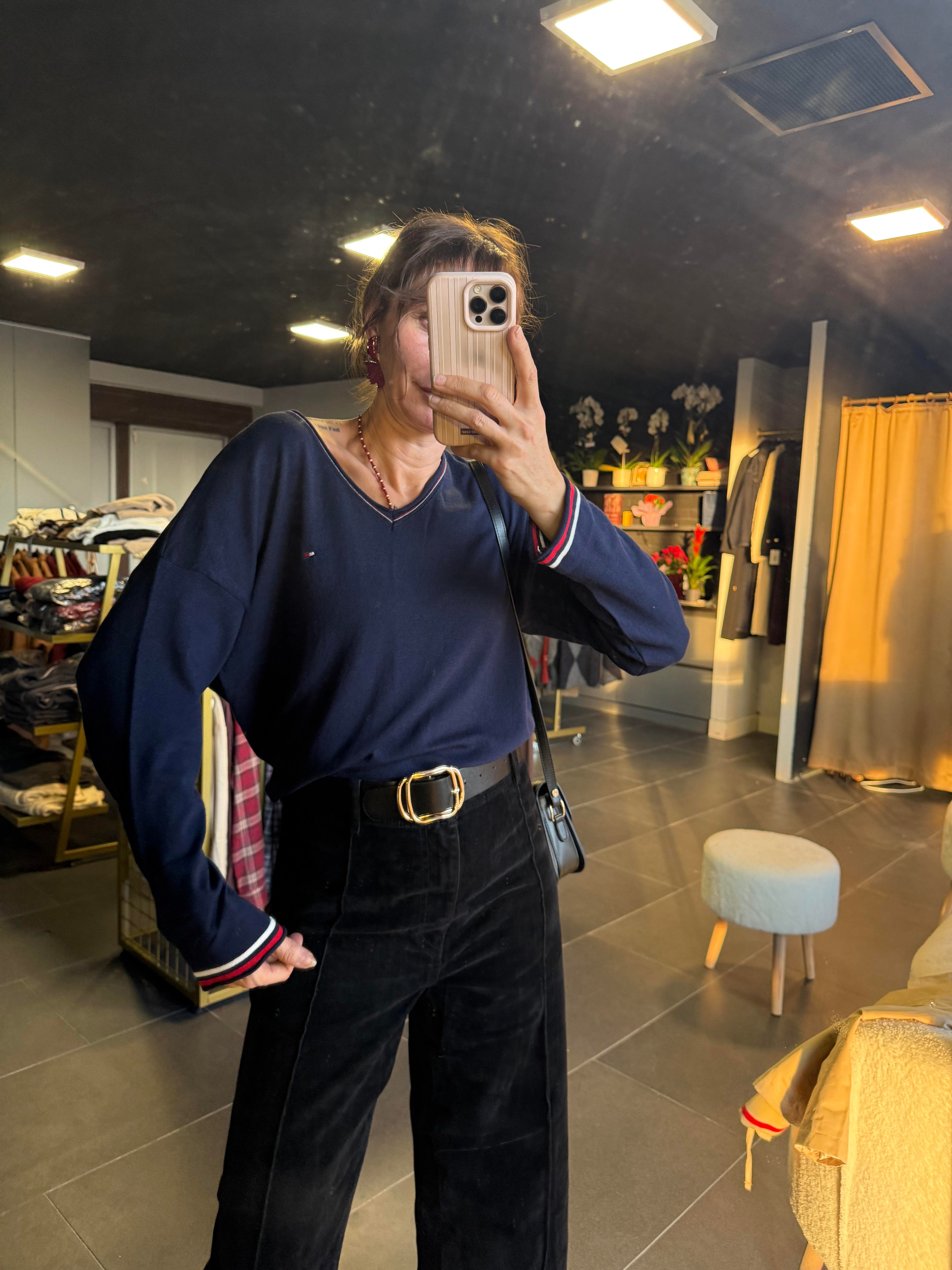 Lacivert V Yaka Şeritli Th Triko