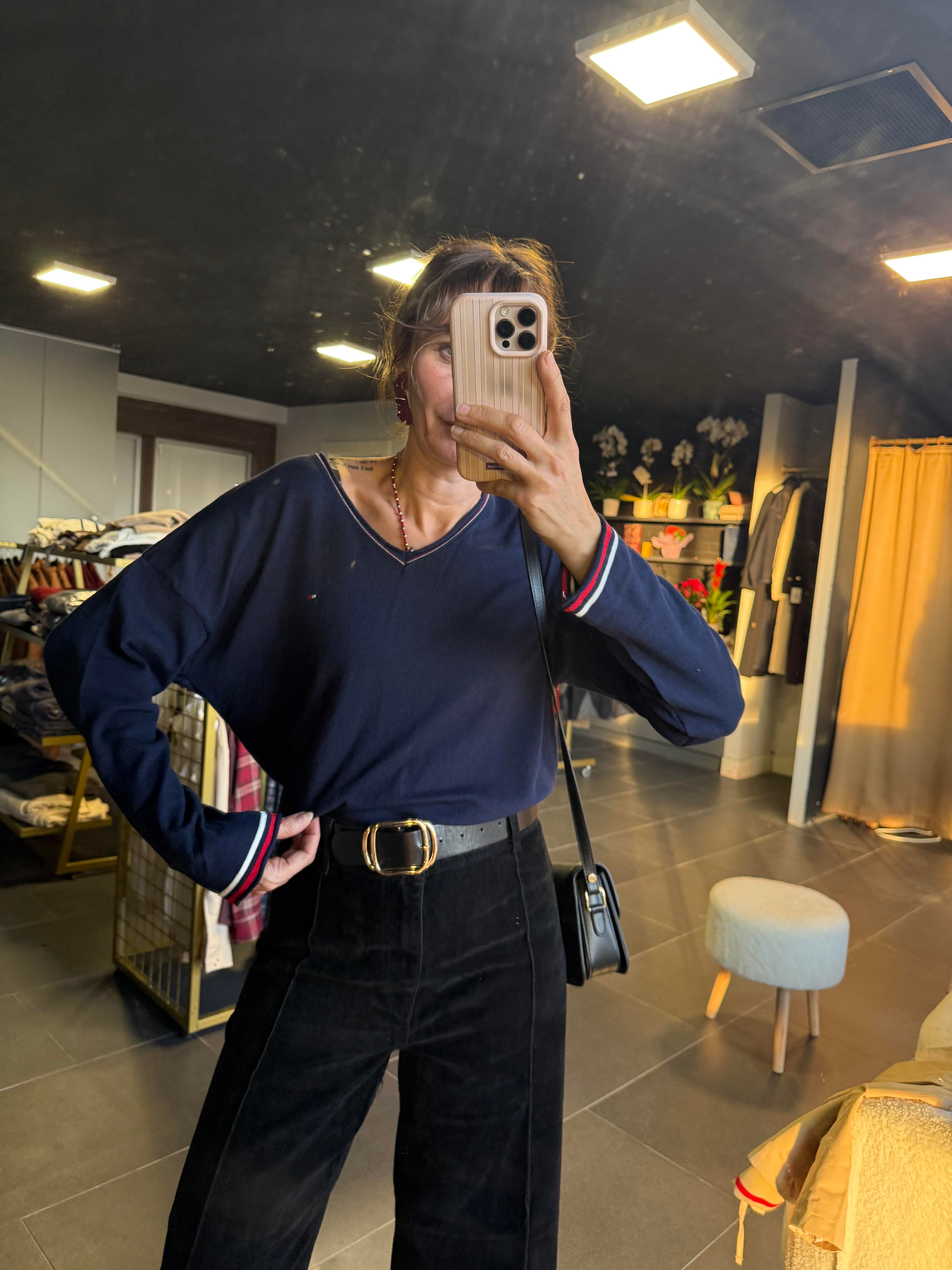 Lacivert V Yaka Şeritli Th Triko