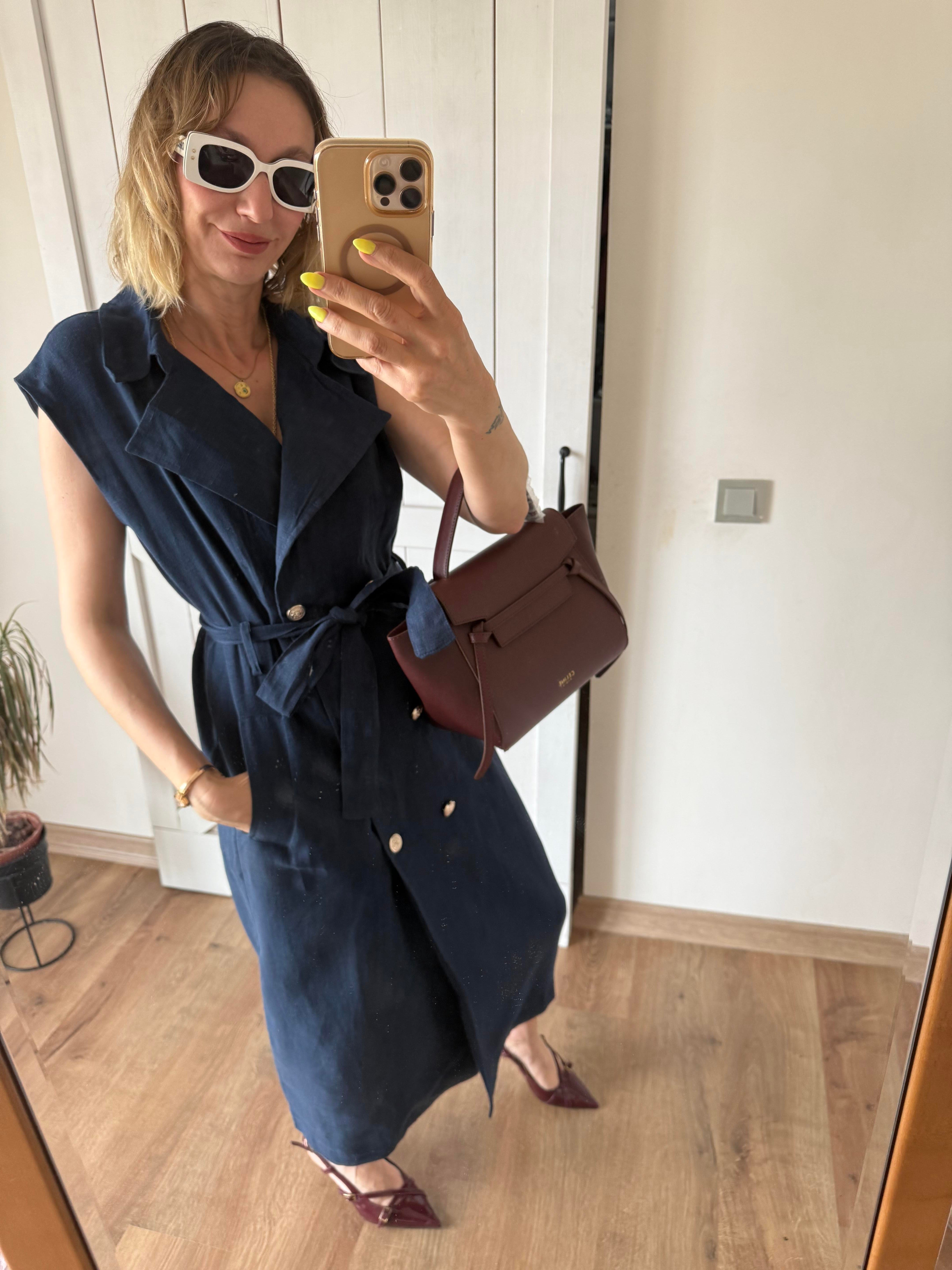 Lacivert Vintage Düğmeli Keten Elbise