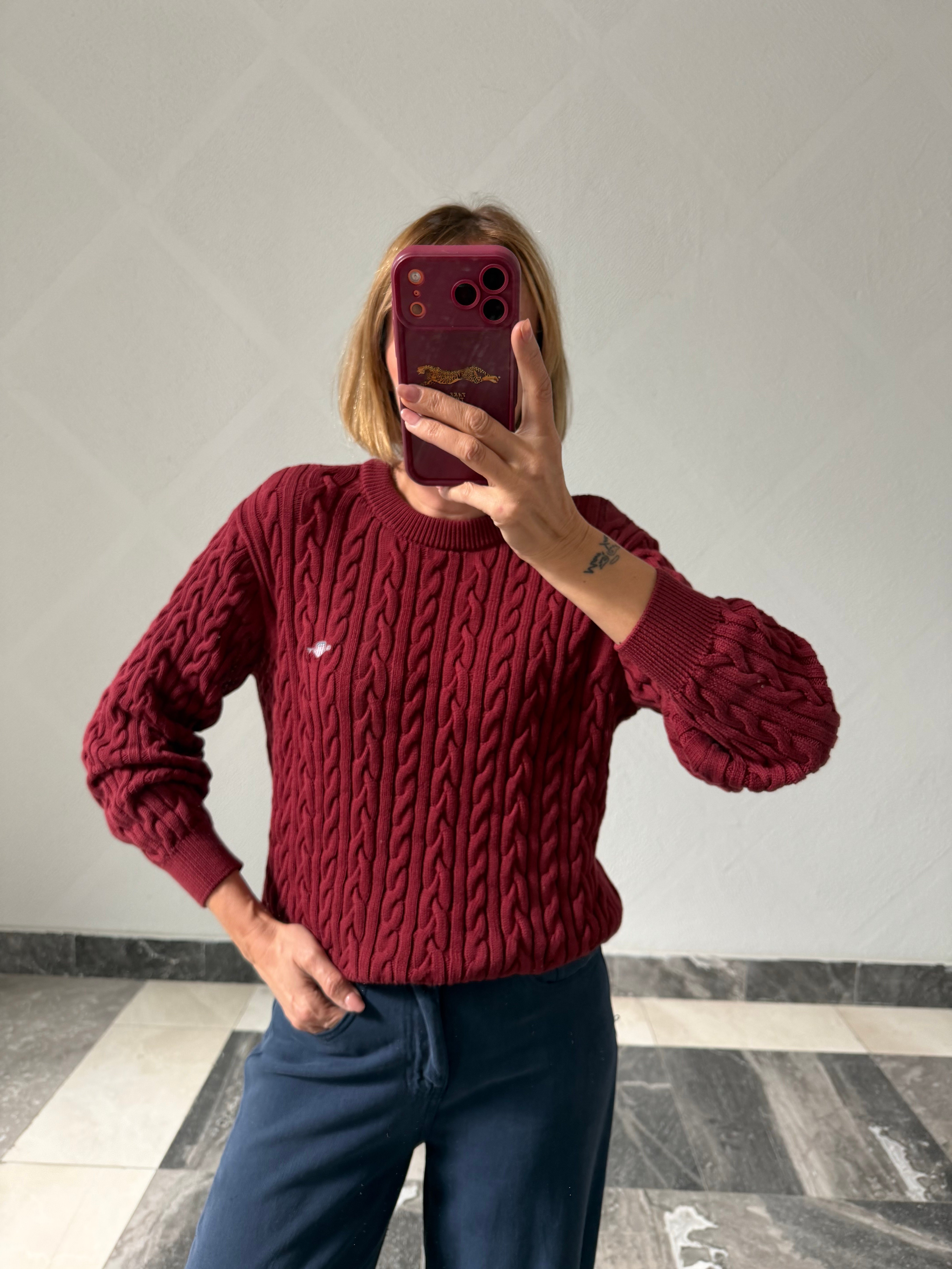 Luxury Marka Saç Örgü Bordo Triko Kazak