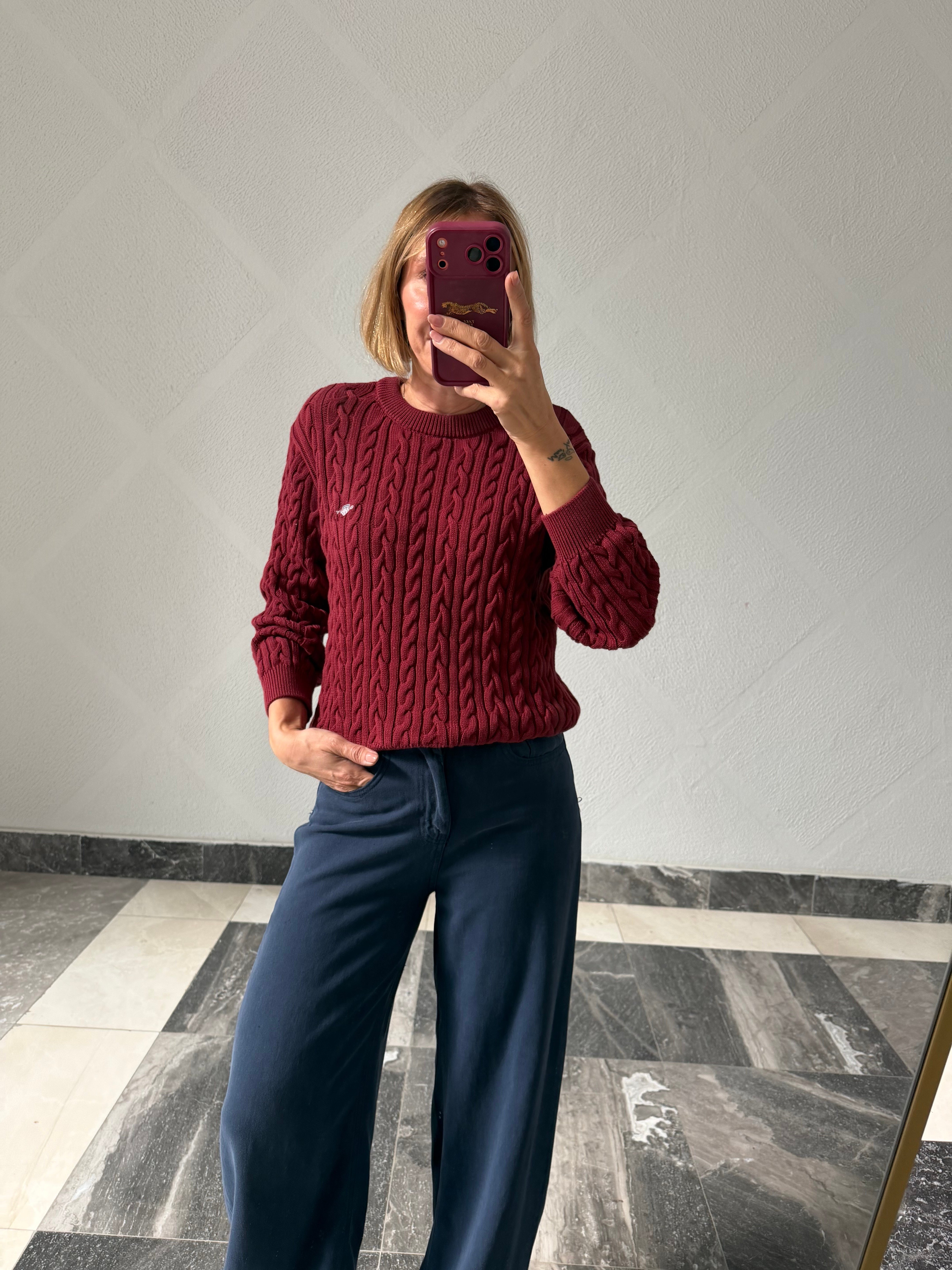 Luxury Marka Saç Örgü Bordo Triko Kazak