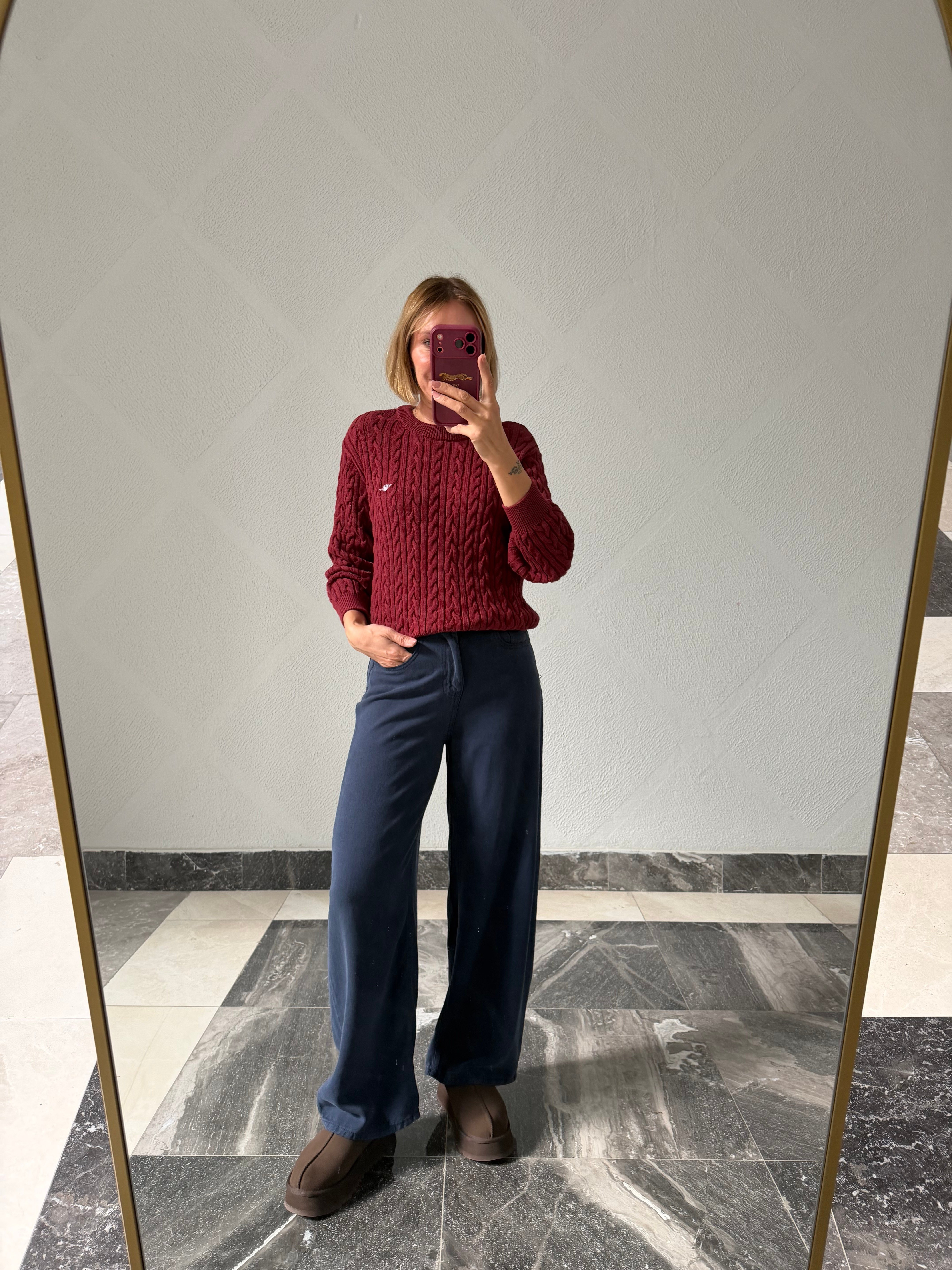 Luxury Marka Saç Örgü Bordo Triko Kazak