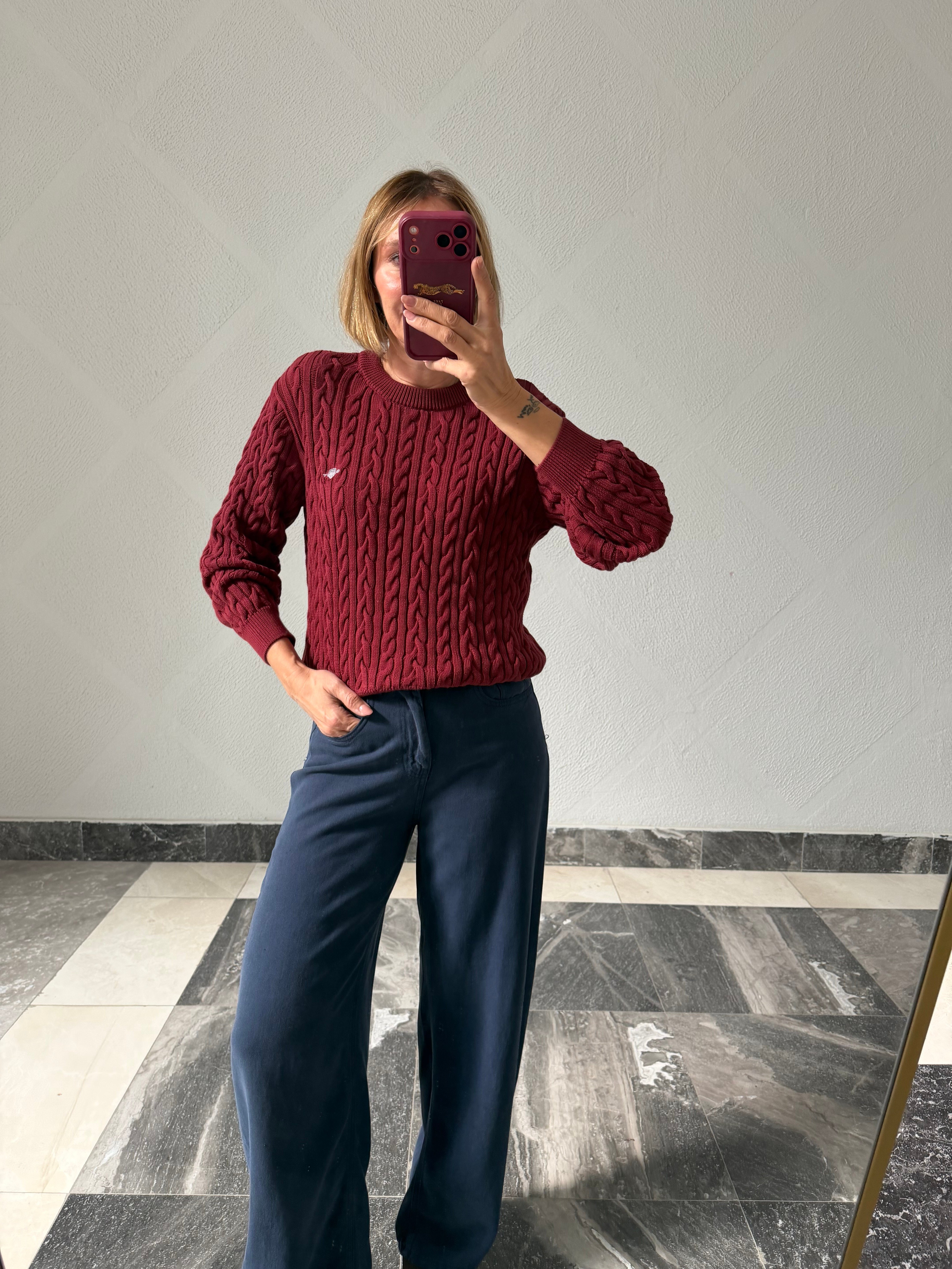 Luxury Marka Saç Örgü Bordo Triko Kazak