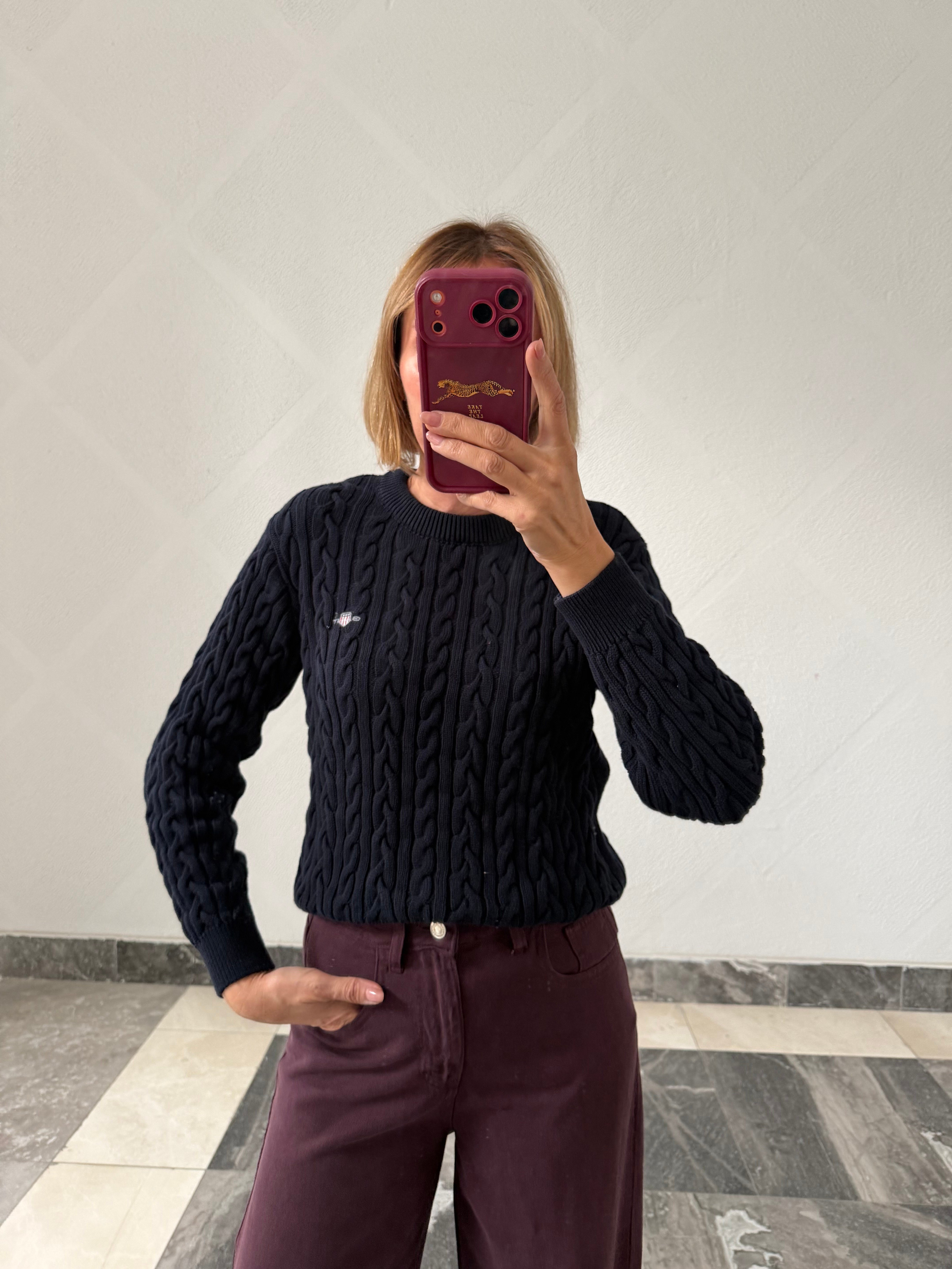 Luxury Marka Saç Örgü Lacivert Triko Kazak