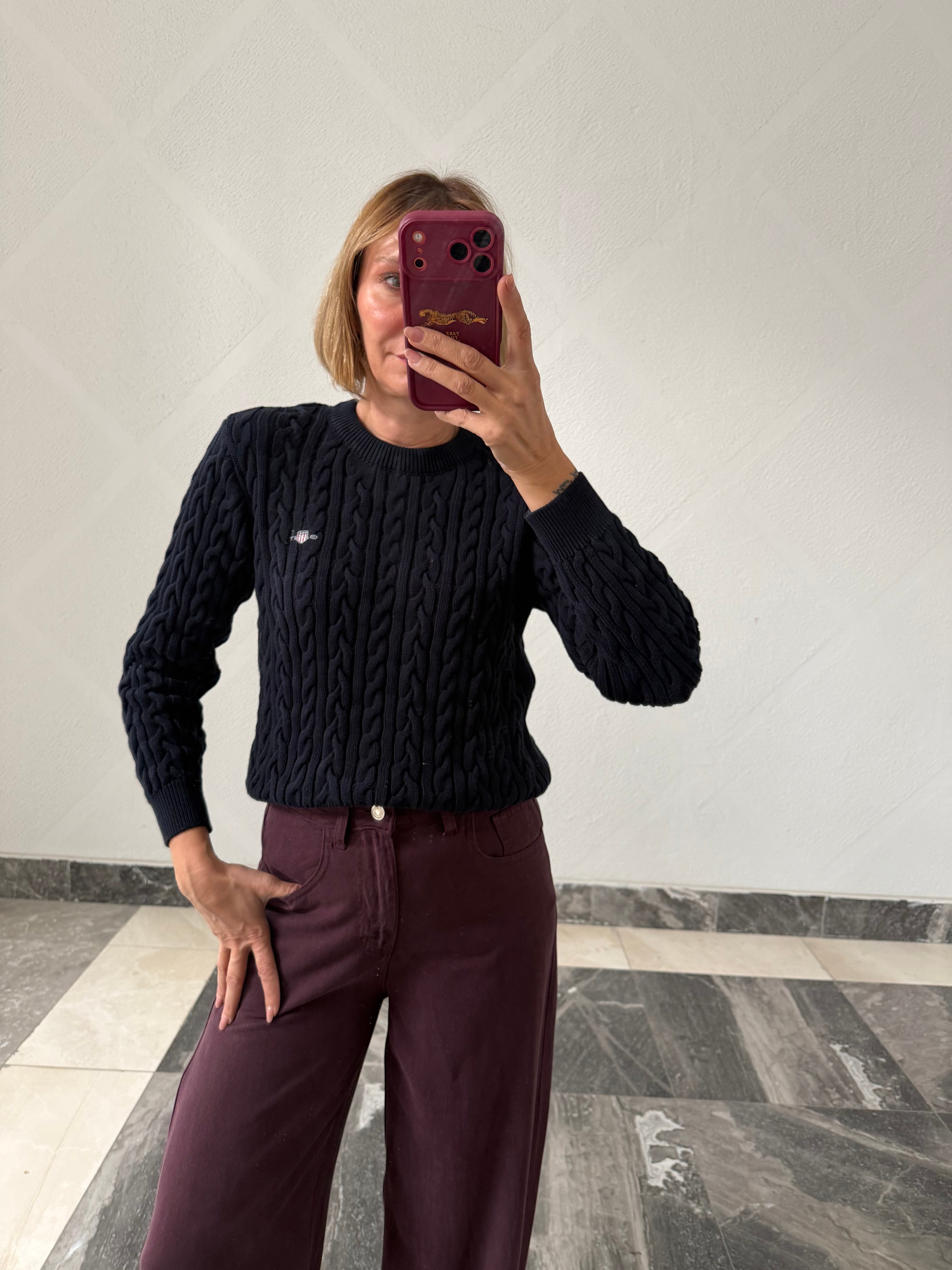 Luxury Marka Saç Örgü Lacivert Triko Kazak