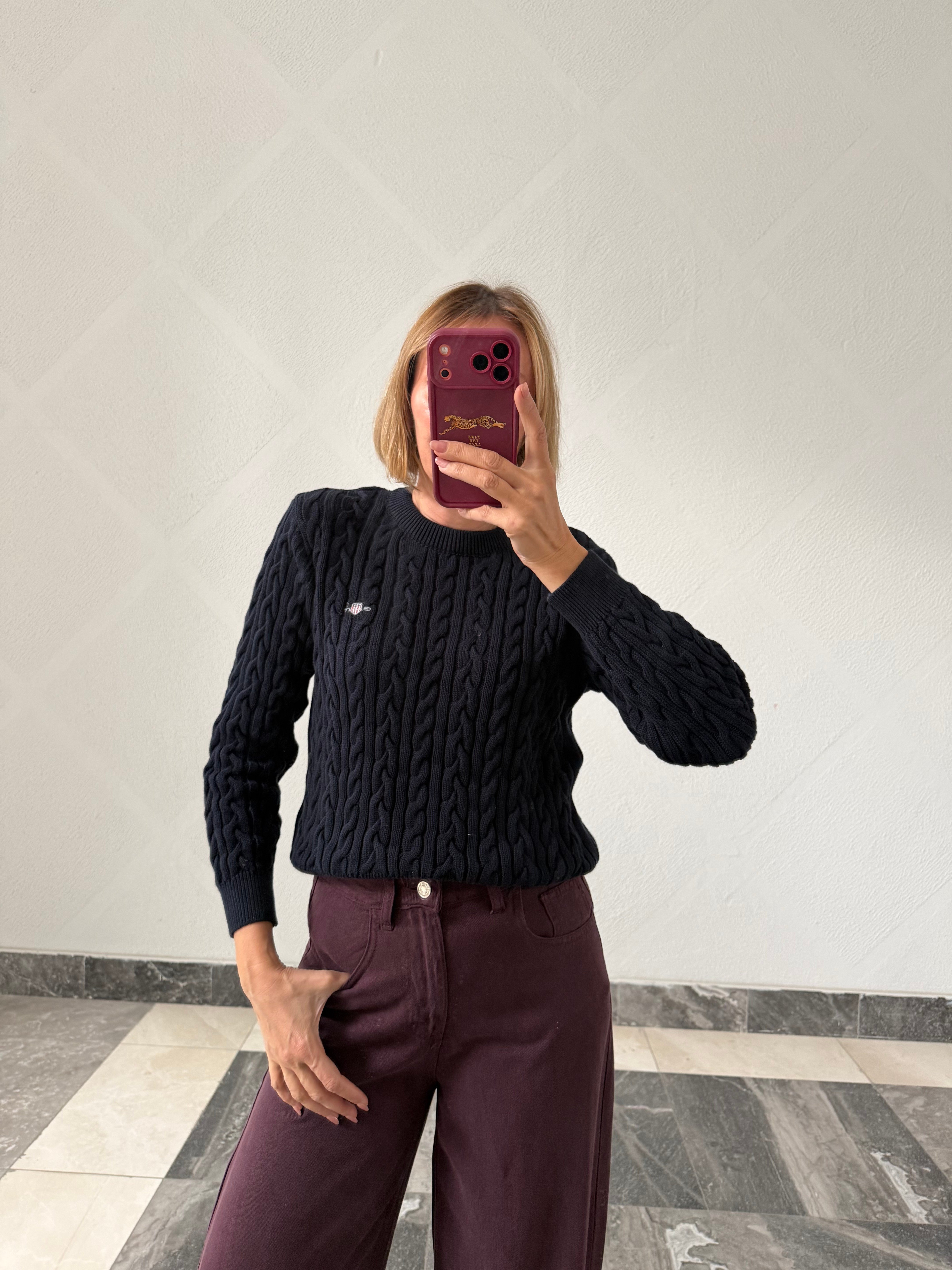 Luxury Marka Saç Örgü Lacivert Triko Kazak