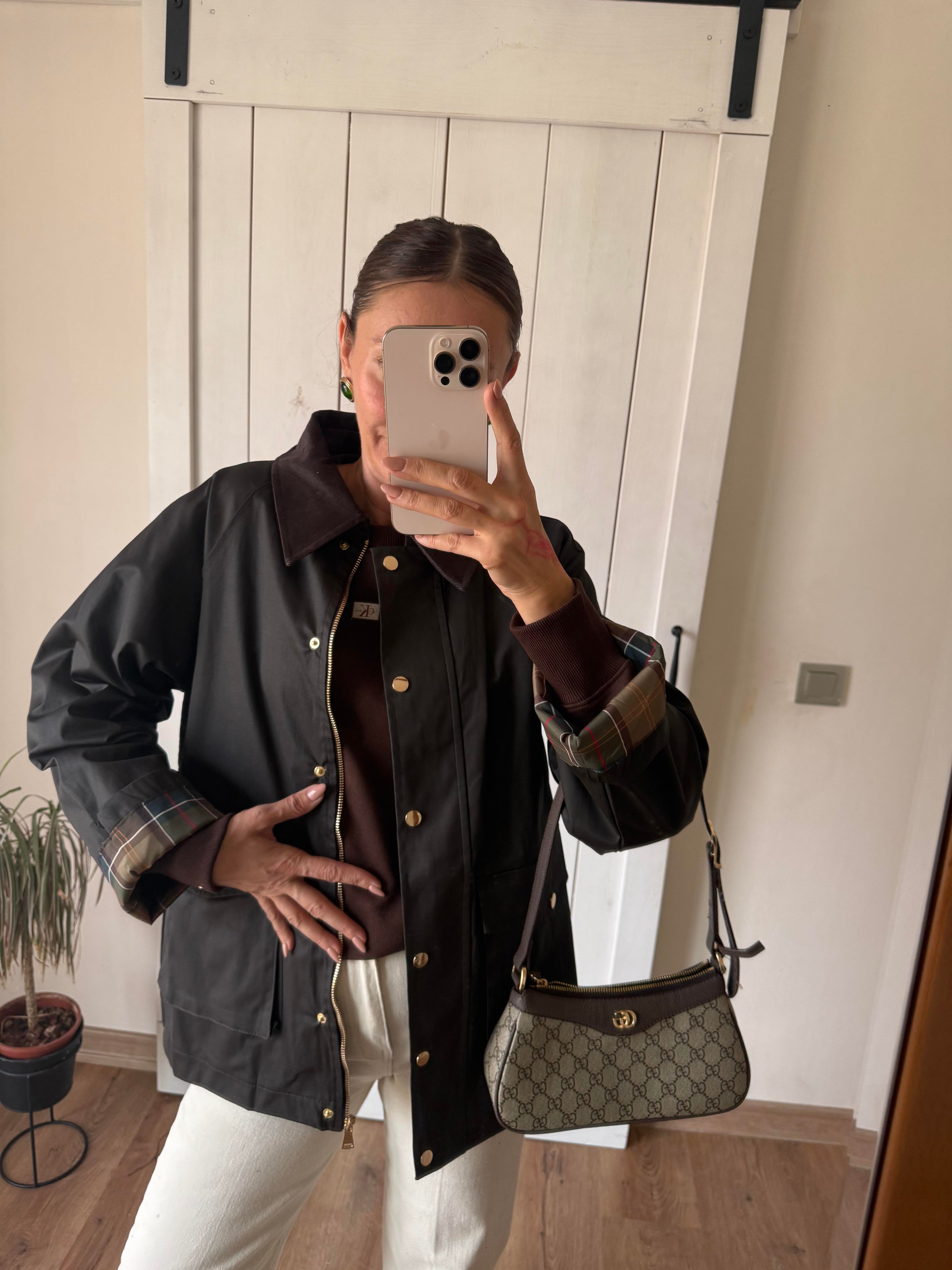 Marka Model Astarı Ekoseli Kadife Yaka Yağlı Mont