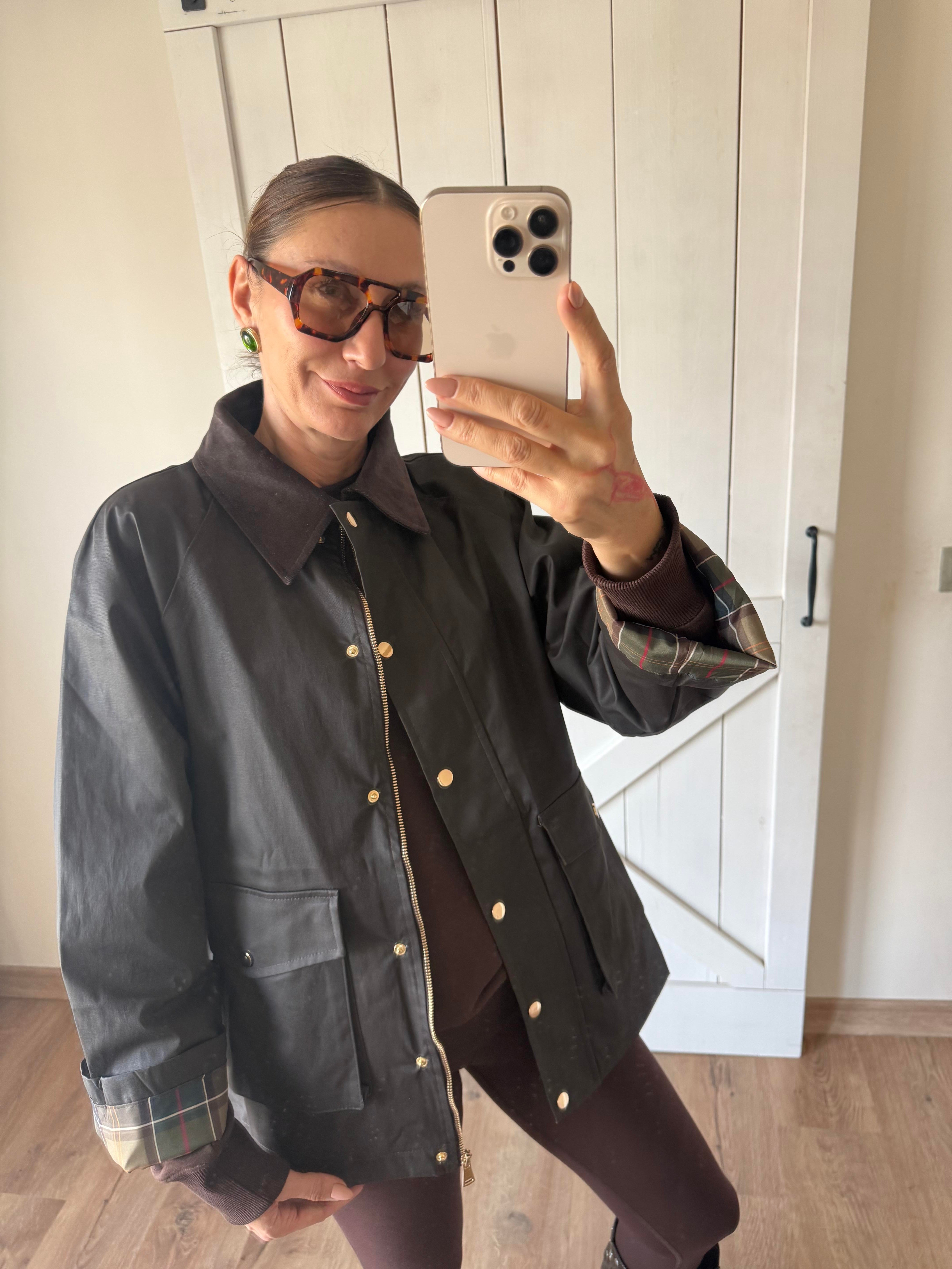 Marka Model Astarı Ekoseli Kadife Yaka Yağlı Mont