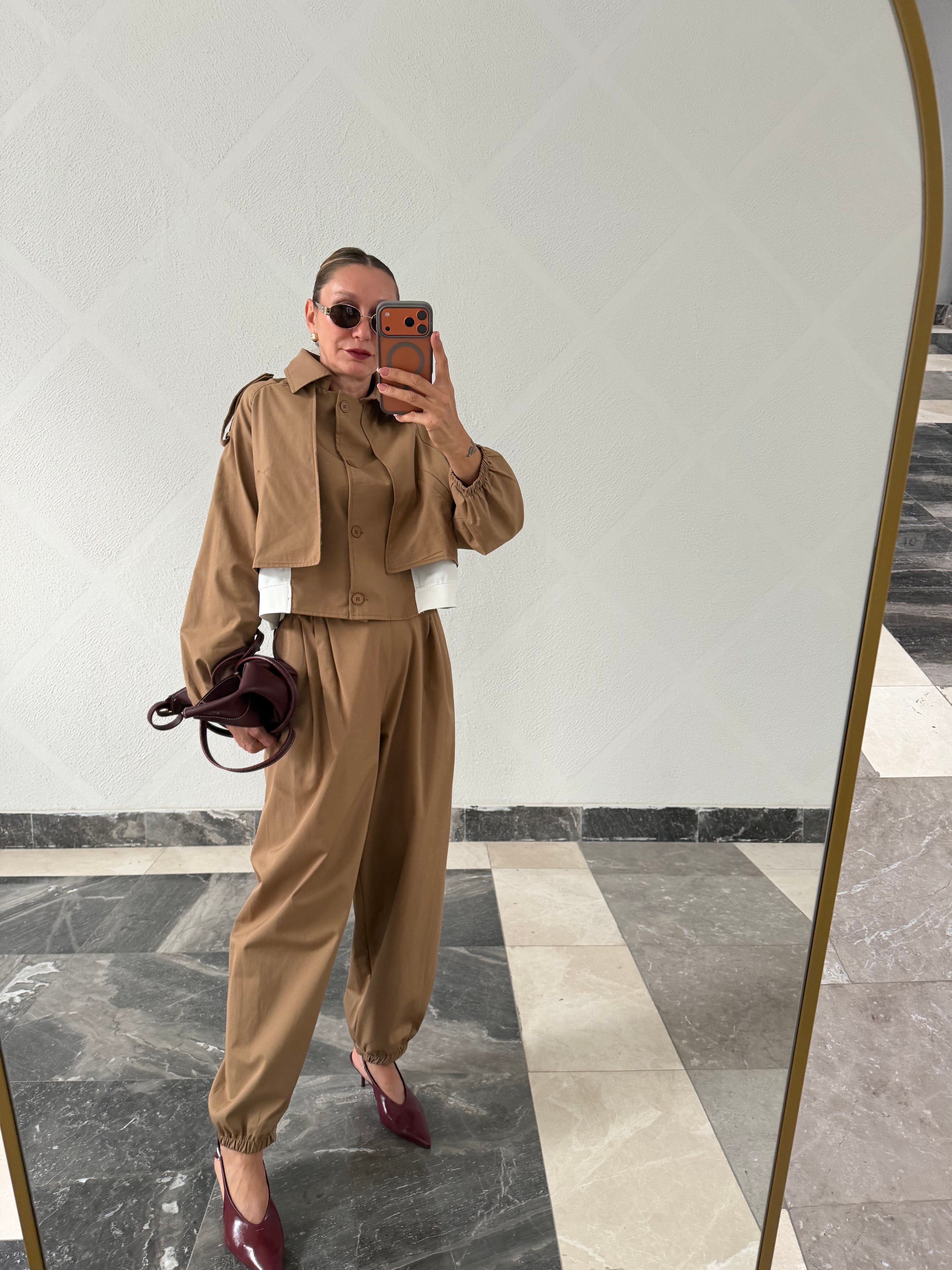 Marka Model Bel Detaylı Trenç/Gömlek Pantolon Takım