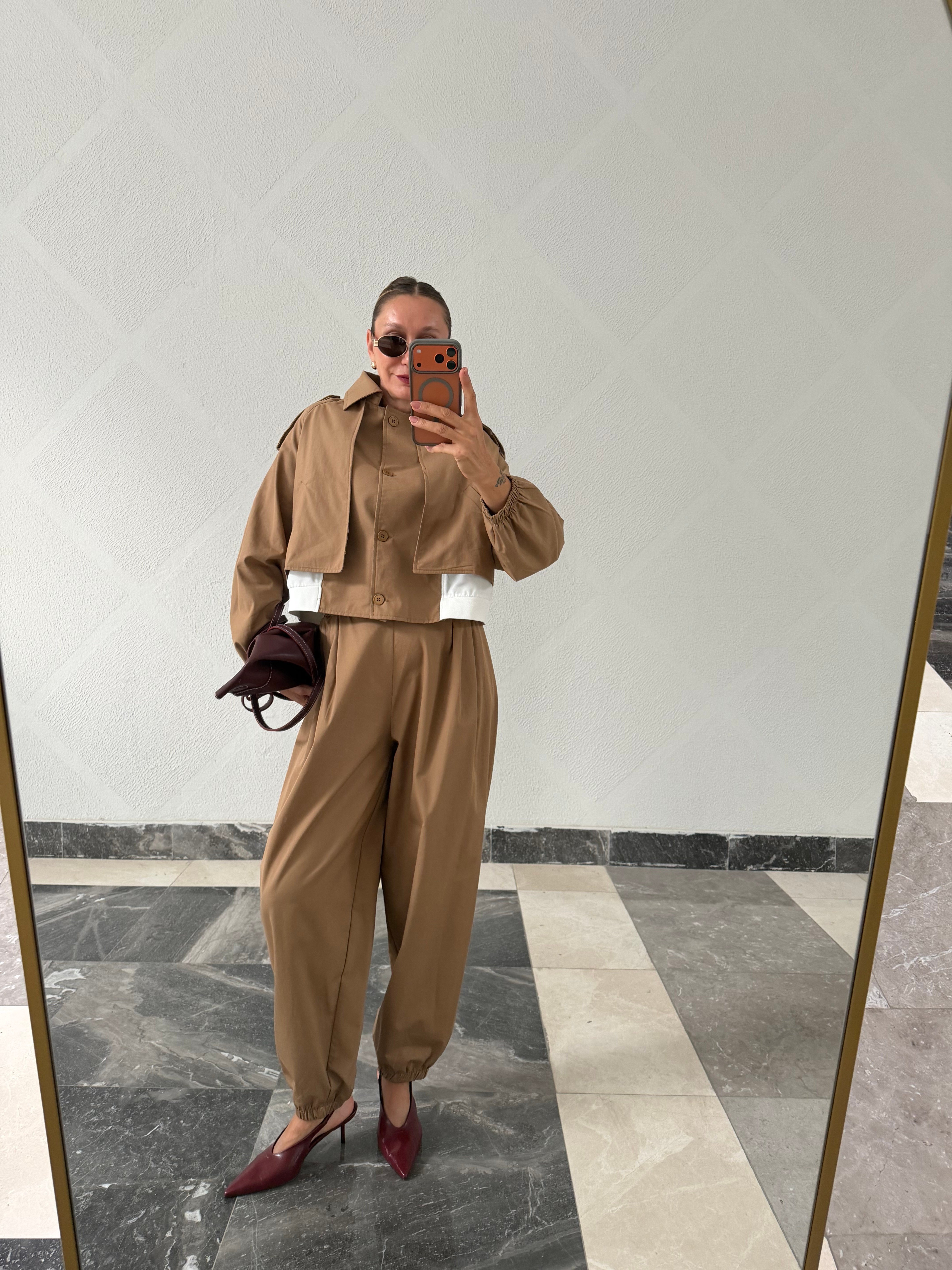 Marka Model Bel Detaylı Trenç/Gömlek Pantolon Takım
