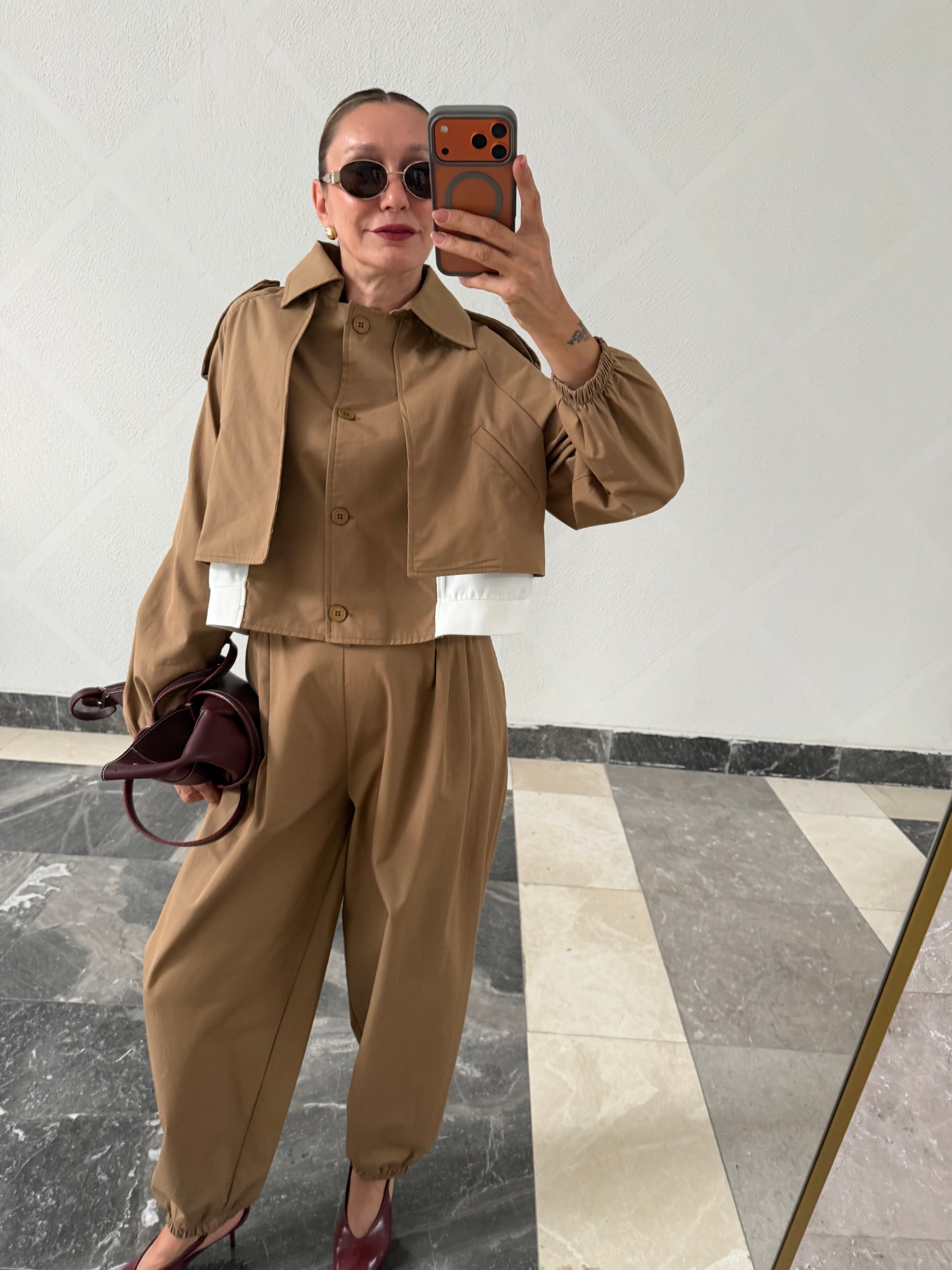 Marka Model Bel Detaylı Trenç/Gömlek Pantolon Takım