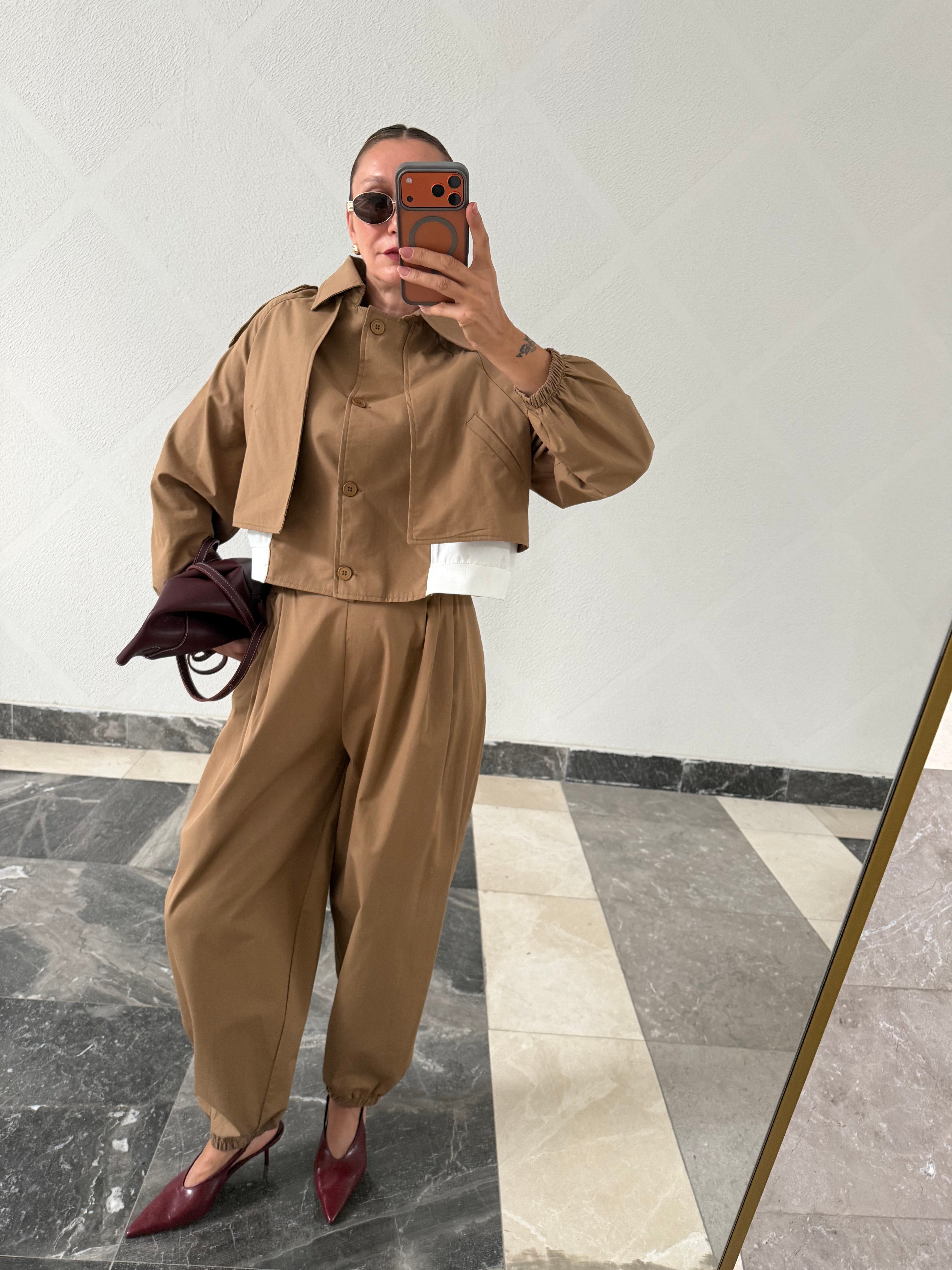 Marka Model Bel Detaylı Trenç/Gömlek Pantolon Takım
