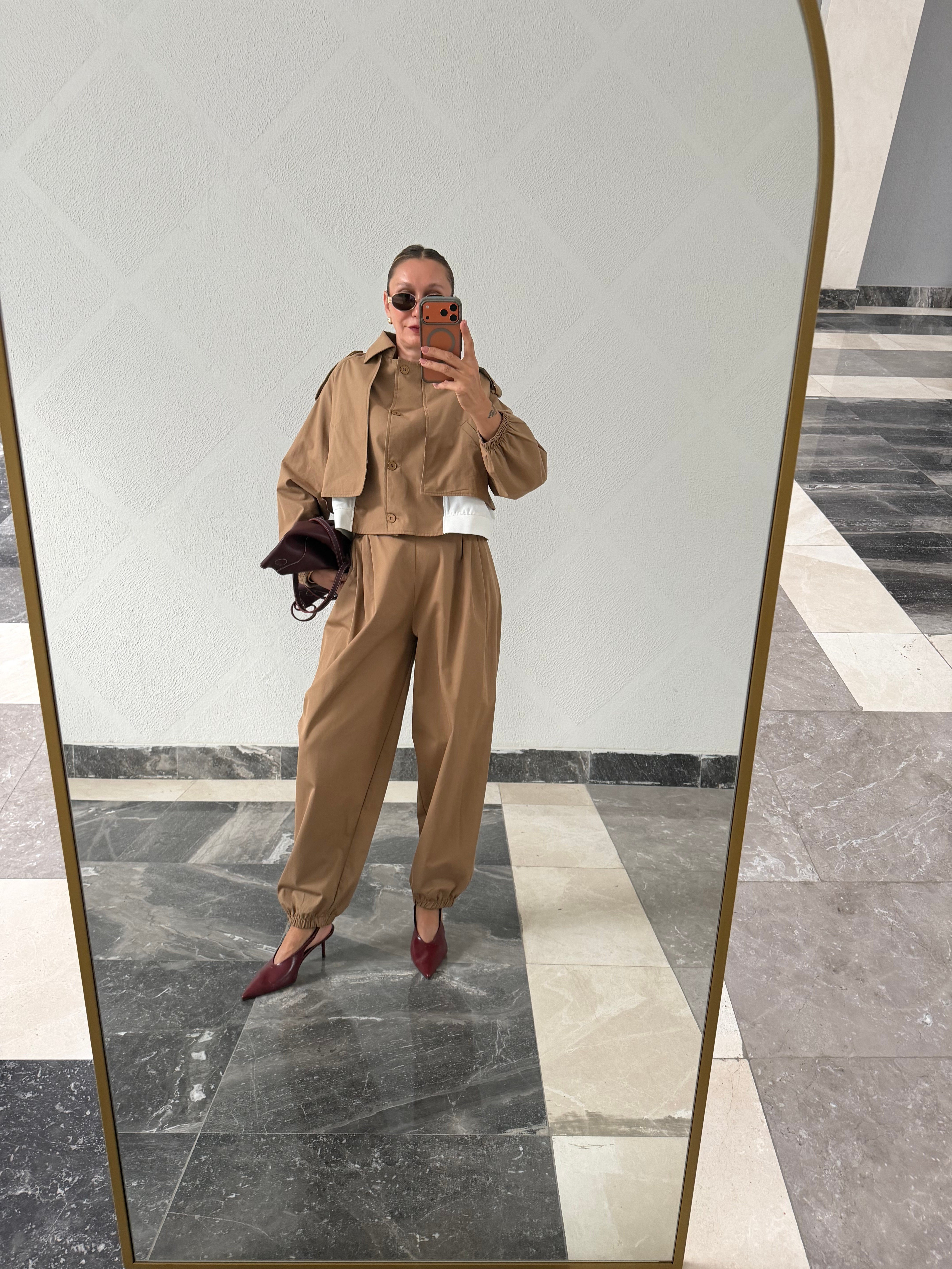 Marka Model Bel Detaylı Trenç/Gömlek Pantolon Takım
