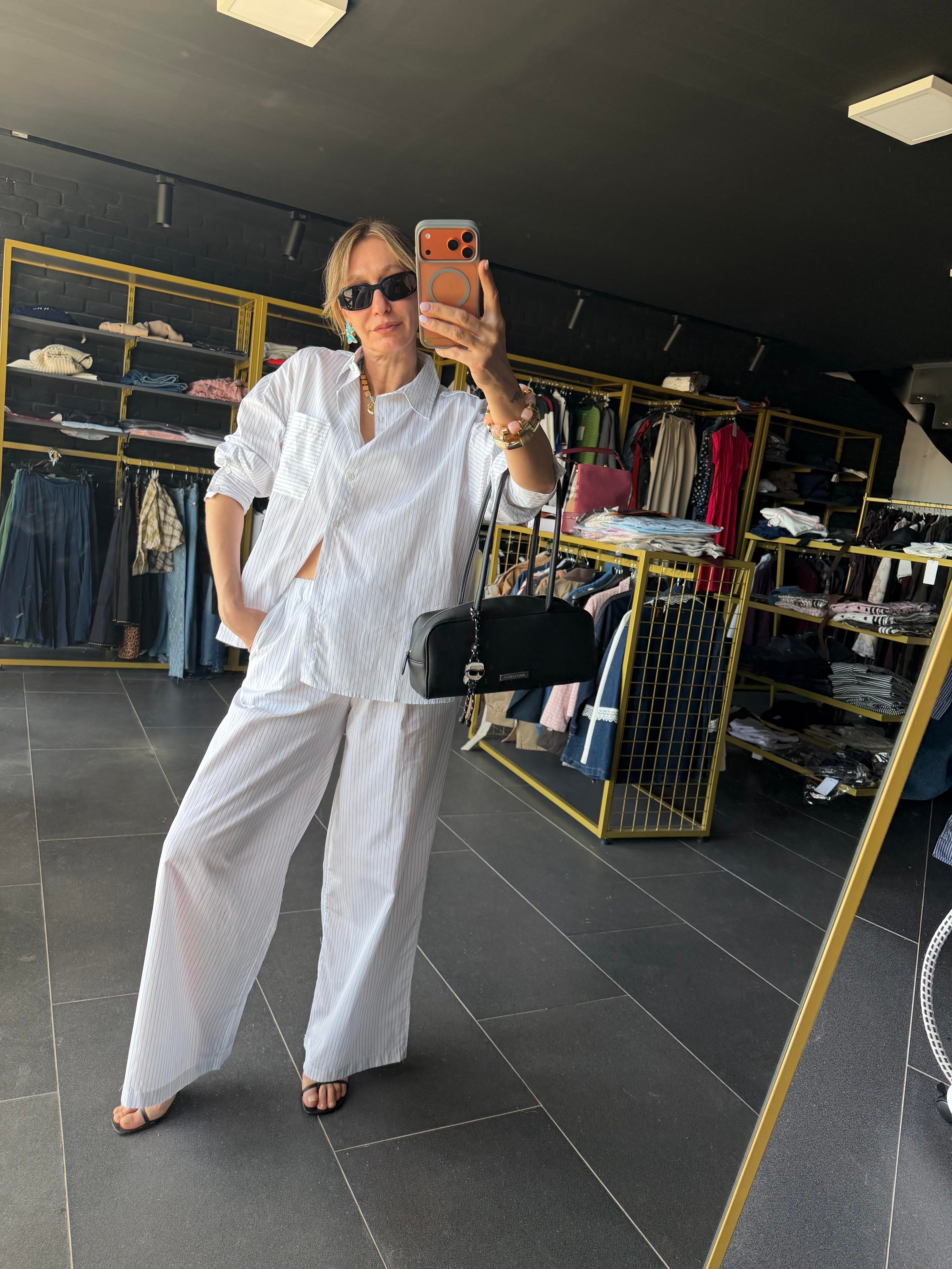 Marka Model Çizgili Gömlek Pantolon Takım