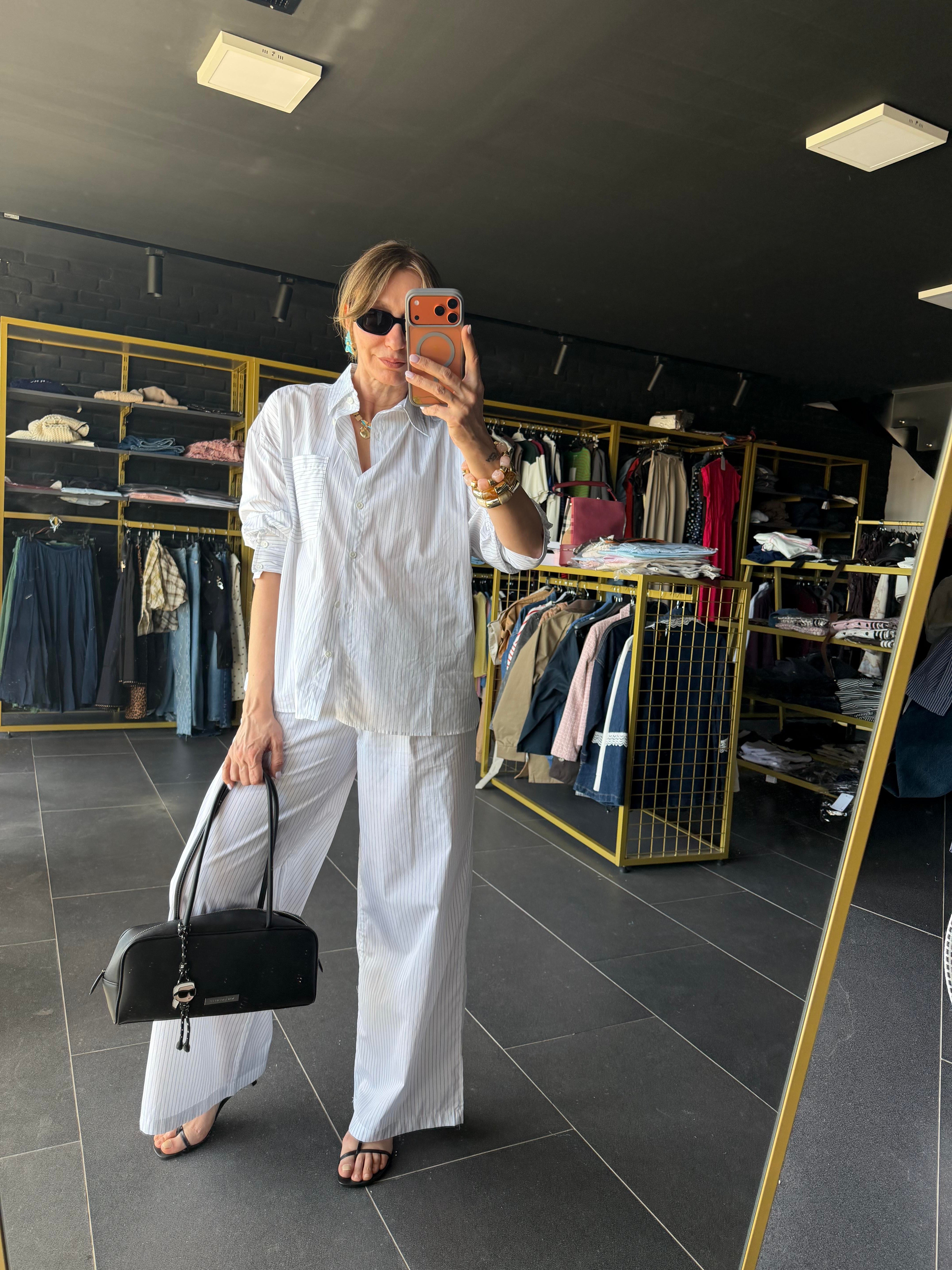 Marka Model Çizgili Gömlek Pantolon Takım