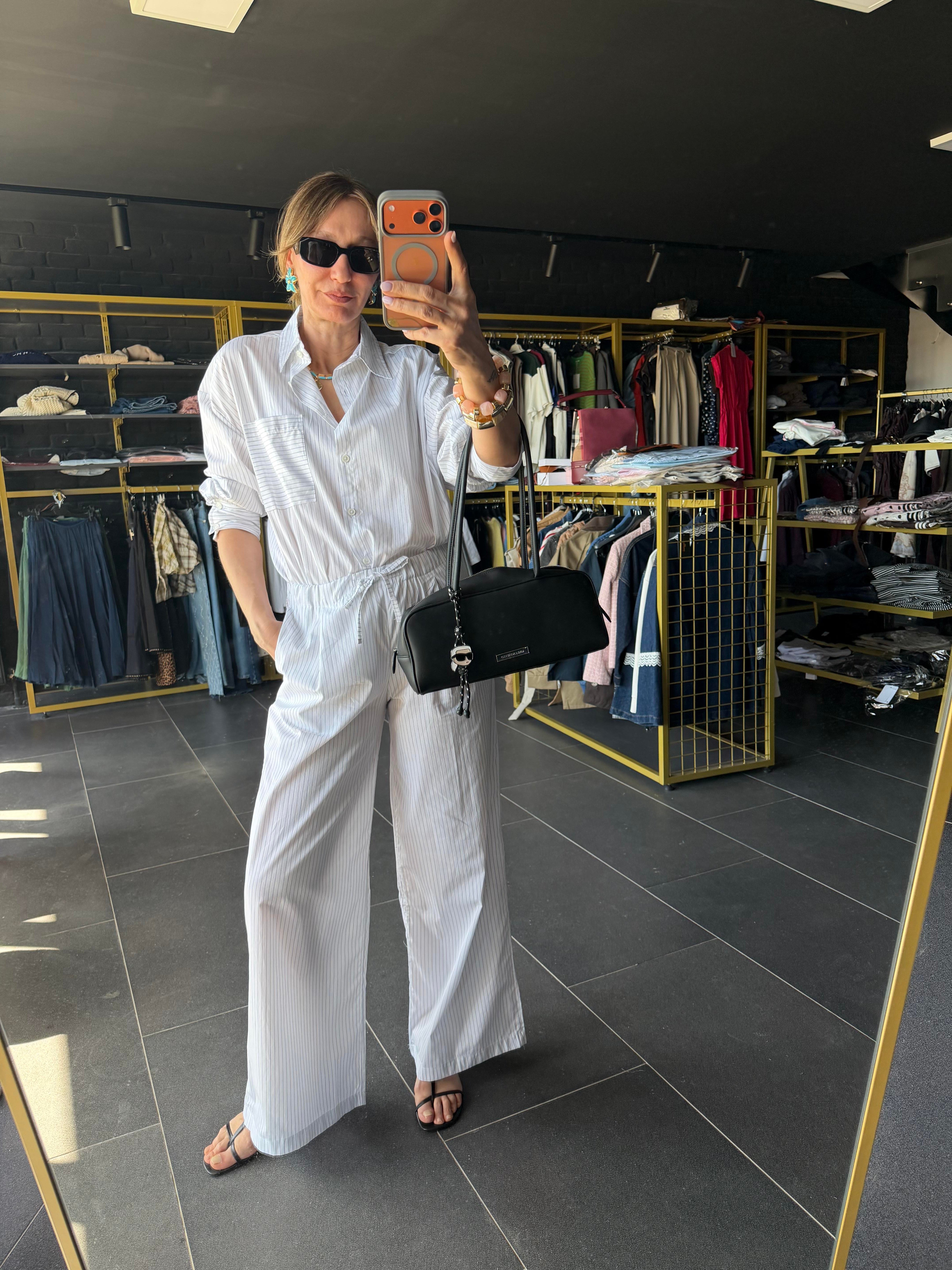 Marka Model Çizgili Gömlek Pantolon Takım